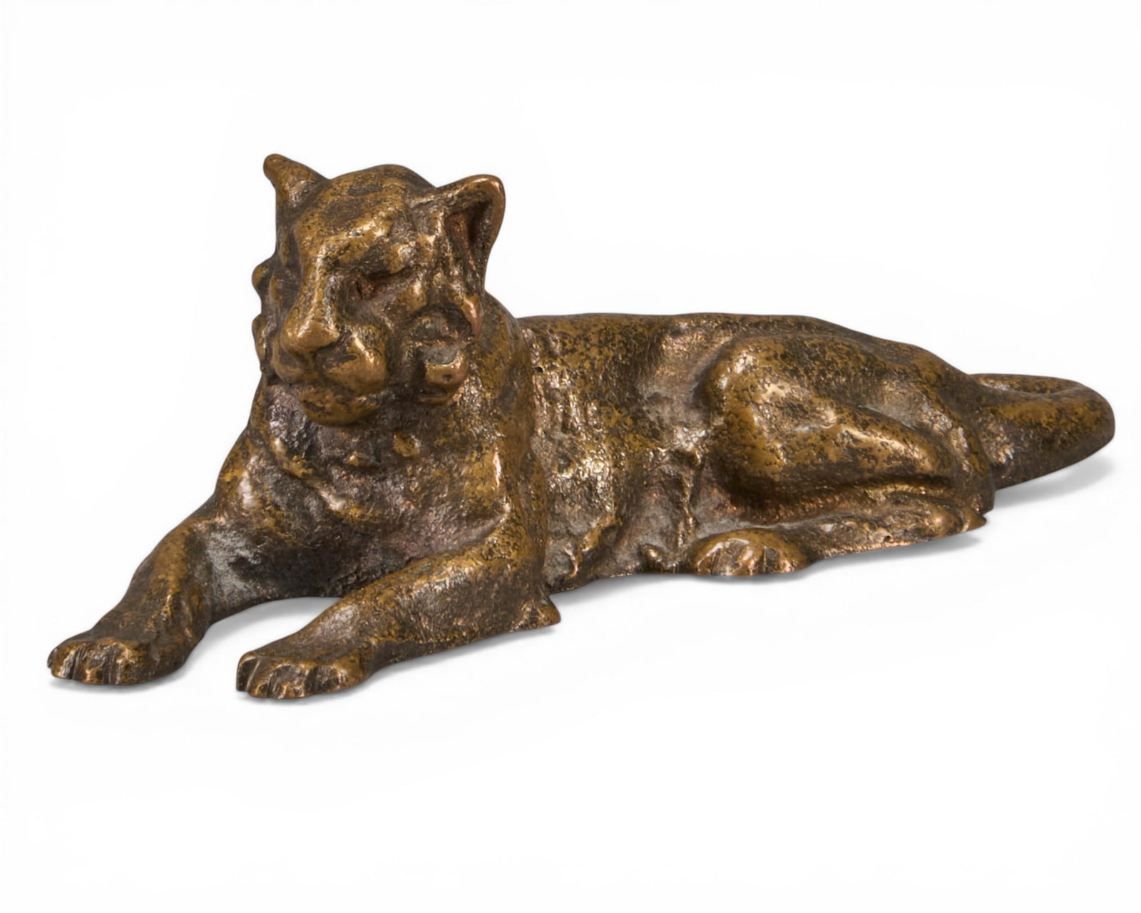 Tiffany Studios, Bronze Lion: Tiffany Studios gilt bronze lion paperweight, marked "Tiffany Studios, 932" underneath height 1.5 in. x width 4.75 in. x depth 2 in. Provenance: Property from a home in San