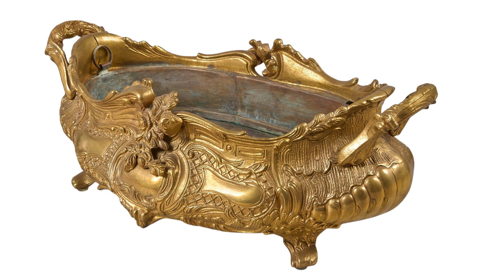 Rococo Revival Orrmolu Gardinere: Rococo Revival ormolu jardinere with copper liner, 19th century height 6 in. x width 16 in. x depth 9 in. Provenance: Property from the collection of an industrial chemicals