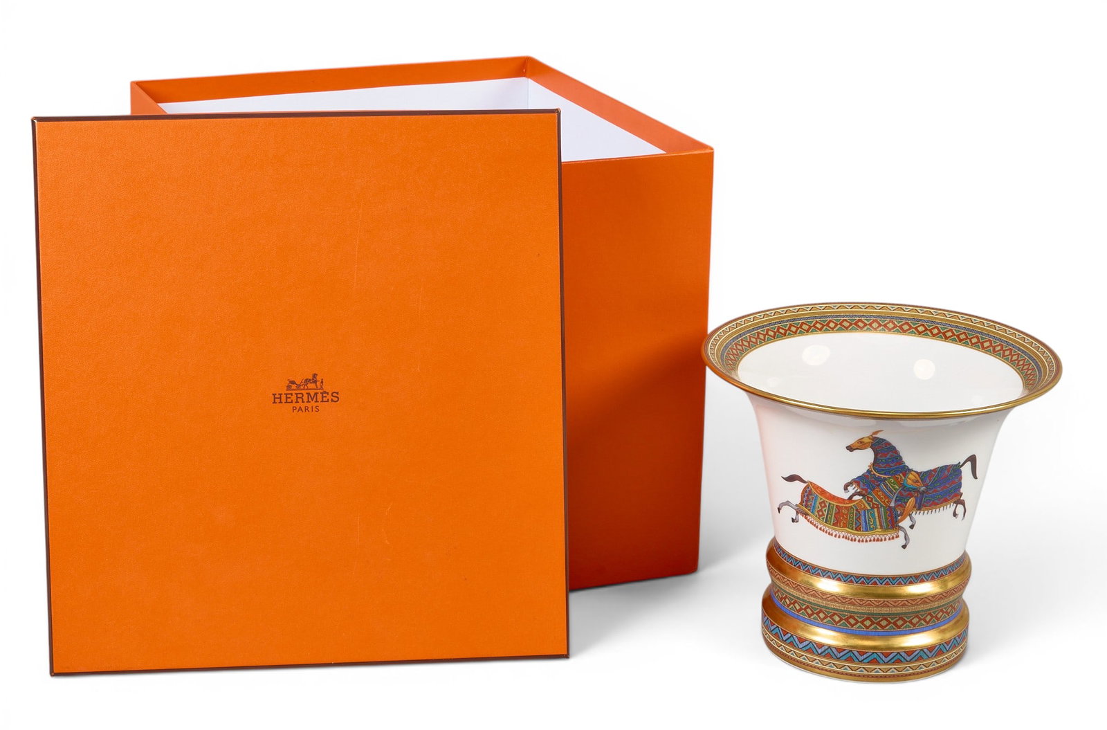 Hermes Cheval d’Orient Large Vase: Hermes Cheval d’Orient large porcelain vase, hand painted and gilded, designed by Nathalie Rolland-Huckel, includes original Hermes box height 11 in. x width 10 in. x depth 10