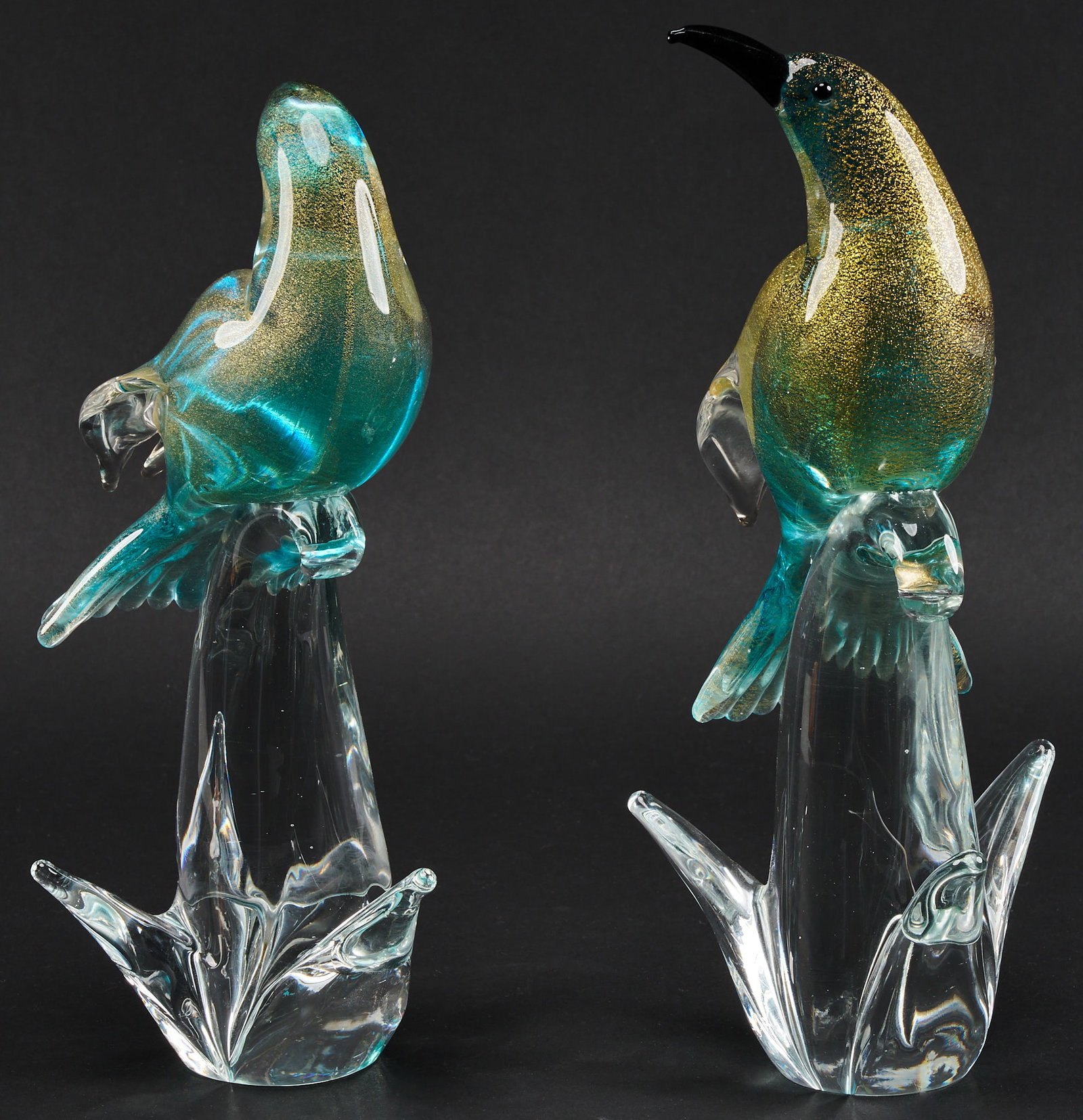 Pair Handblown Murano Bird: Two hand-blown glass Murano bird sculptures height 10.5 in. / tallest Provenance: Property from the collection of an industrial chemicals entrepreneur, from his Alamo Heights, Texas home