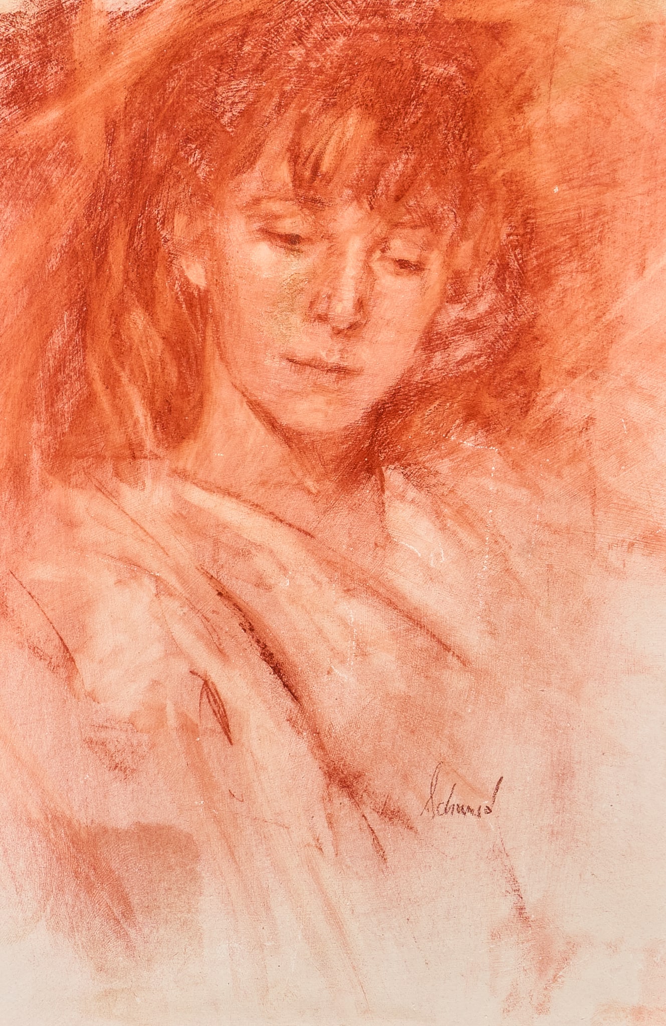 Richard Schmid, "Sandra": Richard Schmid (Amer., 1934-2021), "Sandra", oil on panel, signed lower right, artist's inscription on the verso with title, signature, and date, 1965 sight: 12 x 8 in., frame: 19 x 15 i