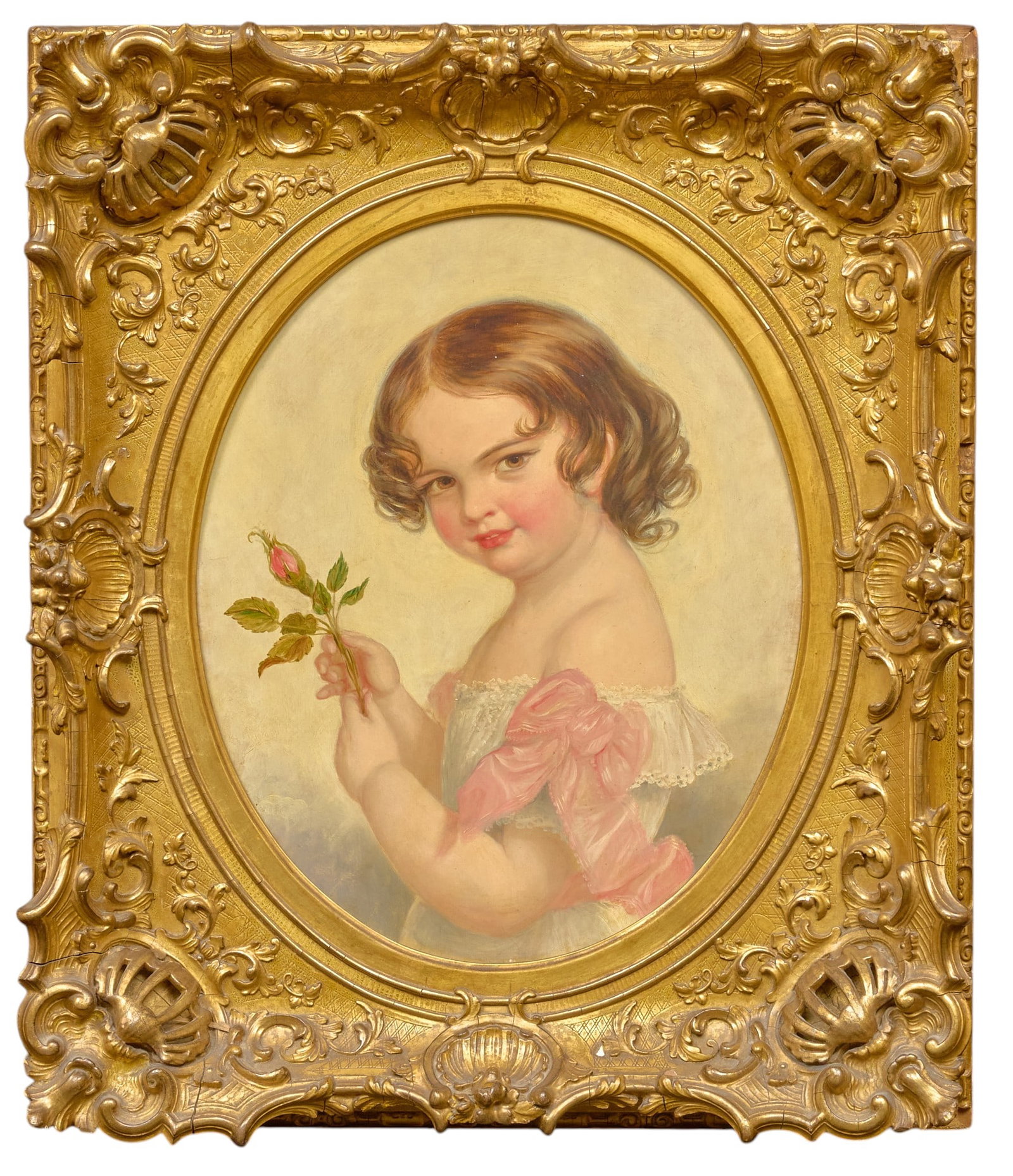 William Beetham, English Portrait: William Beetham (England, fl.1834-1853), inscribed on the verso, "Portrait of the Infant Daughter of Capt. Reynolds", oil on panel, in exquisite hand carved and gilt frame by Edward F. 