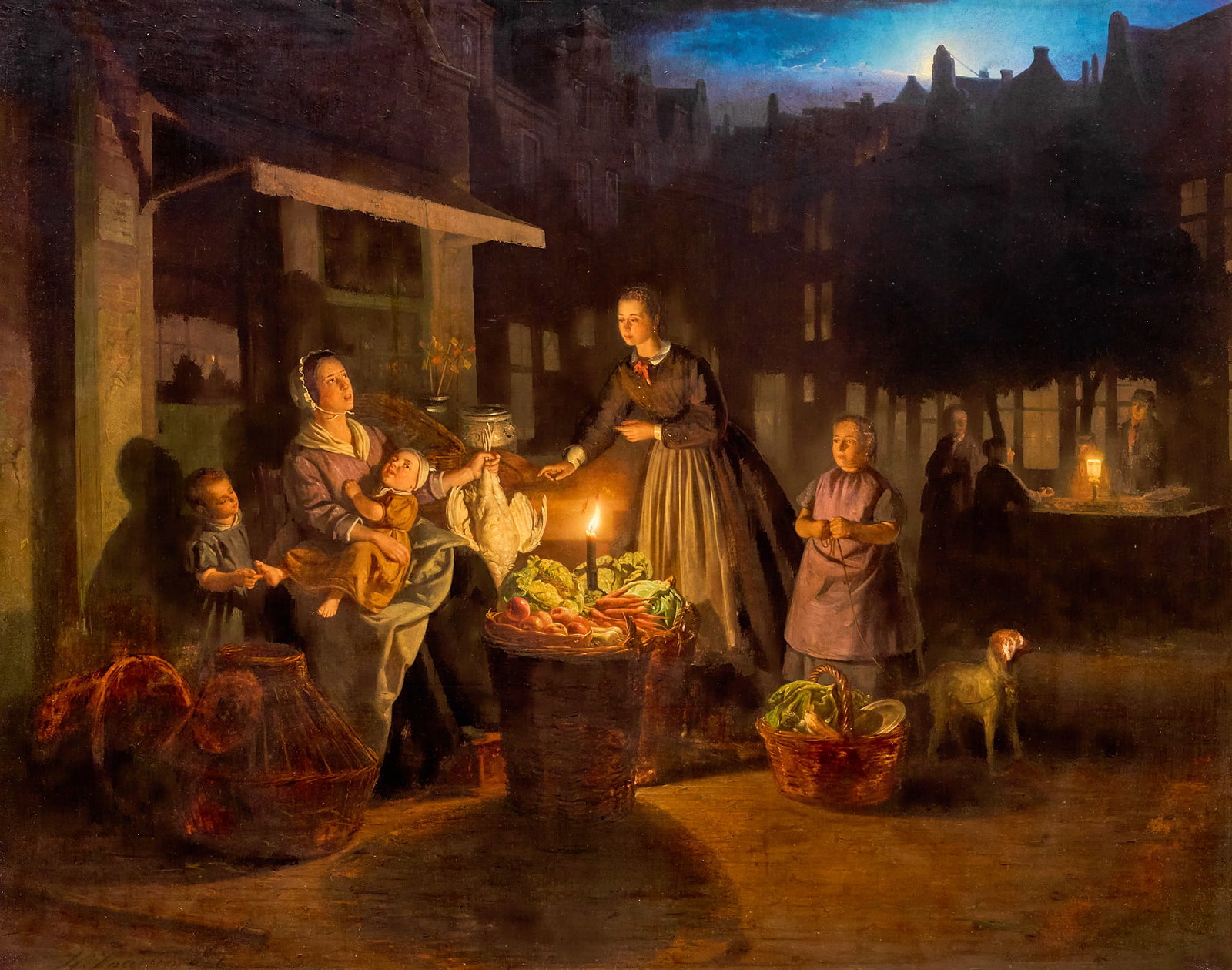 Johannes Vaarberg, Market Scene by Candlelight: Johannes Christoffel Vaarberg (The Netherlands, 1825-1871), nighttime Dutch market scene lit by candlelight and moonlight, oil on wood panel, signed lower left, with a Laky Galleries (Carmel