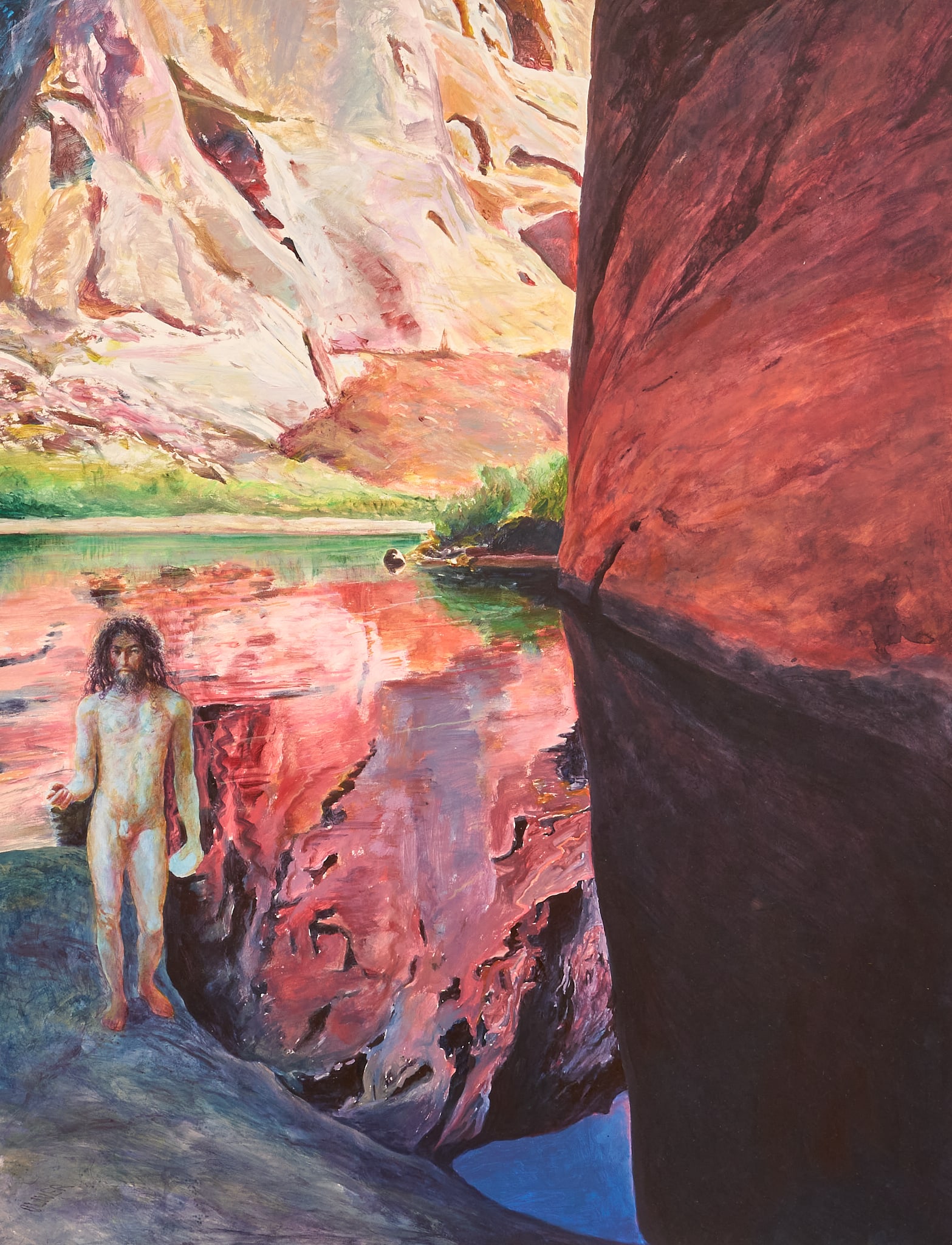 Kermit Oliver, "The Well at Beersheba": Kermit Oliver (Texas, b. 1943), "The Well at Beersheba", acrylic and gouache on paper mounted to panel, signed lower left, in artist-made frame sight: 25.5 x 19.5 in., frame: 43.5 