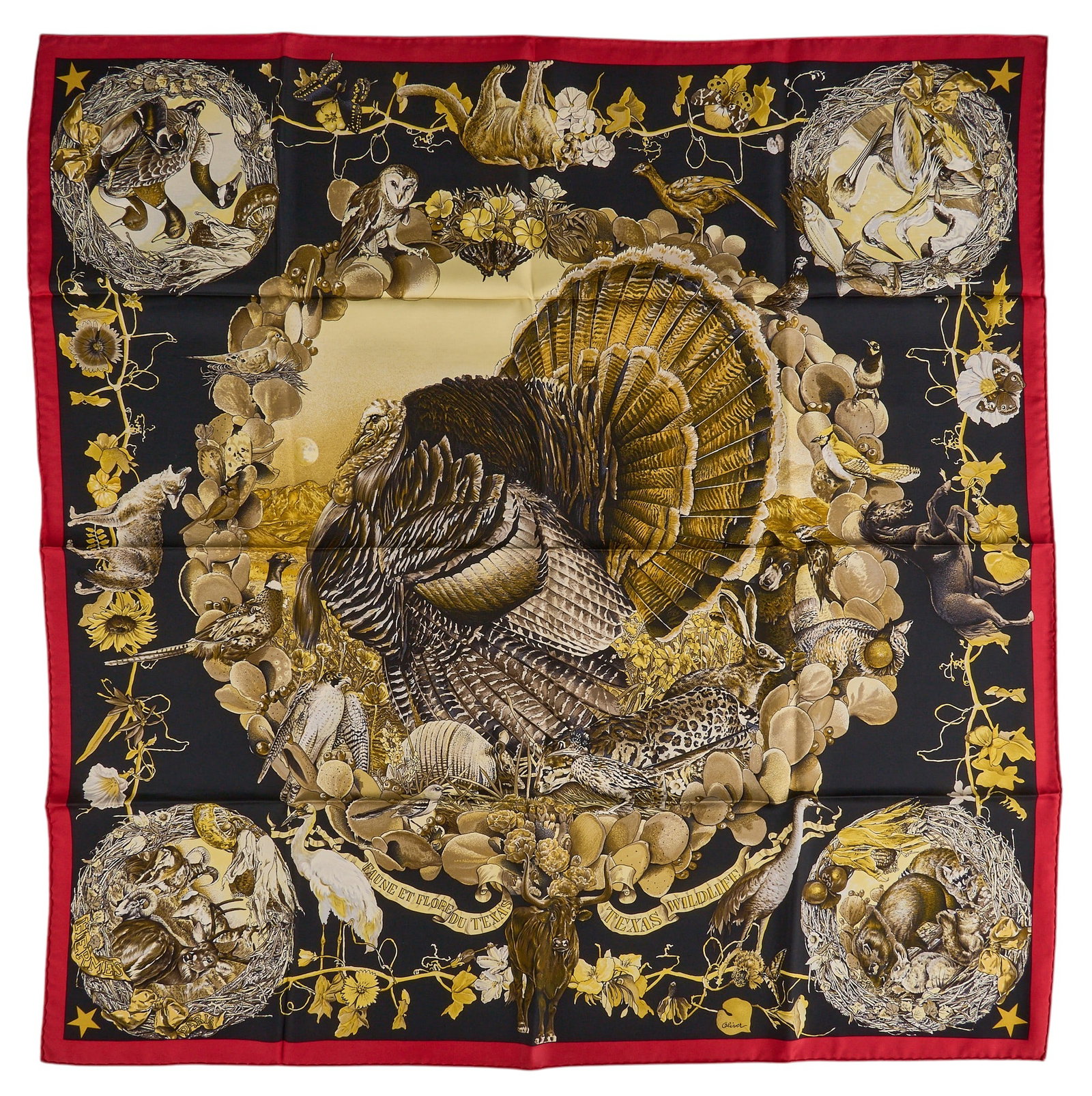Kermit Oliver / Hermes, "Faune et Flore du Texas" Scarf: Kermit Oliver (Texas, b. 1943) designing for Hermès Paris, "Faune et Flore du Texas", silk square scarf with black and red colorway, includes Hermes box; this design is designated as 