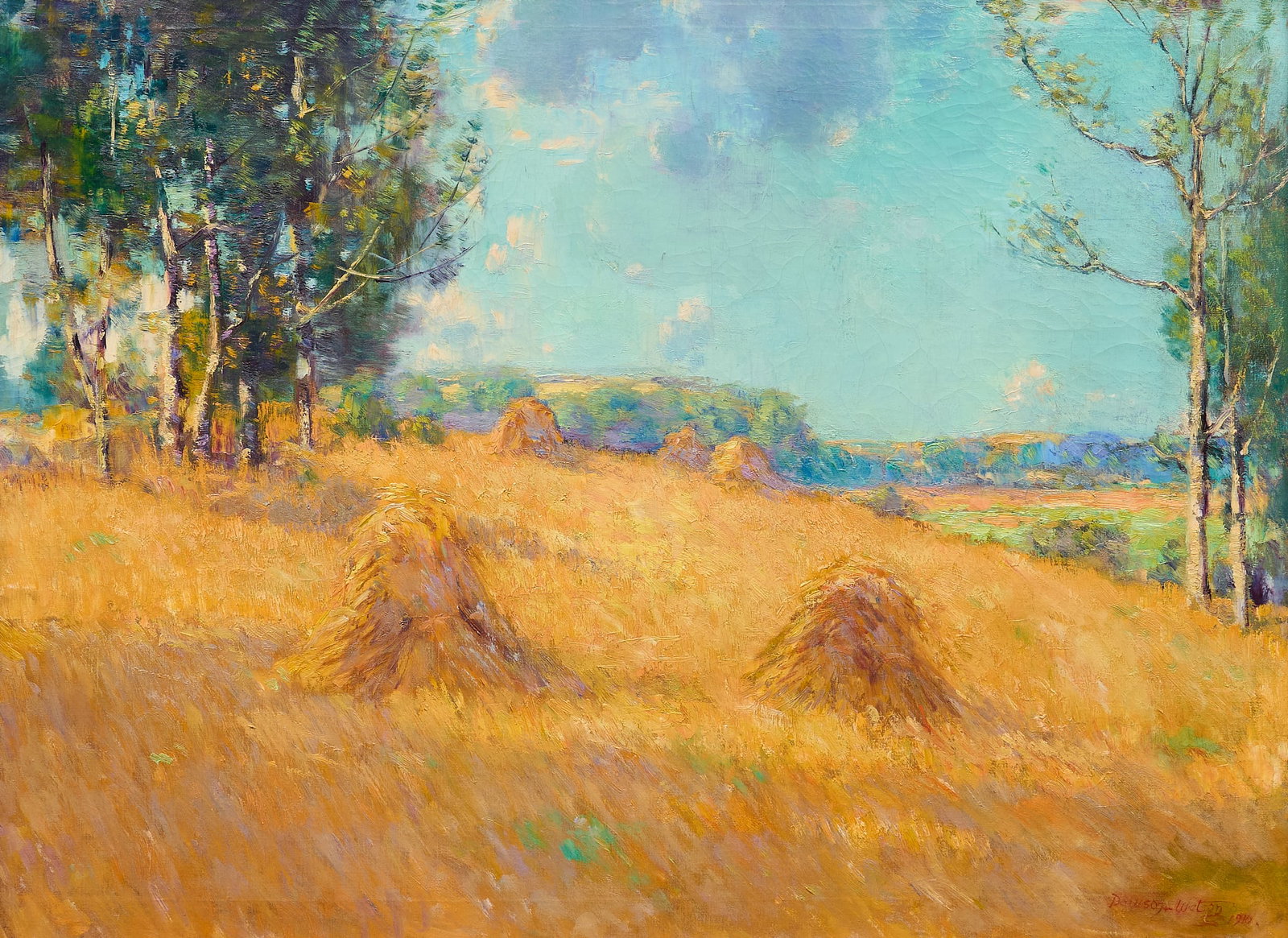 Dawson Dawson-Watson, Summer Haystacks, 1910: Dawson Dawson-Watson (England / Texas, 1864-1939), landscape with haystacks, oil on canvas, signed and dated lower right, 1910, in a hand-carved