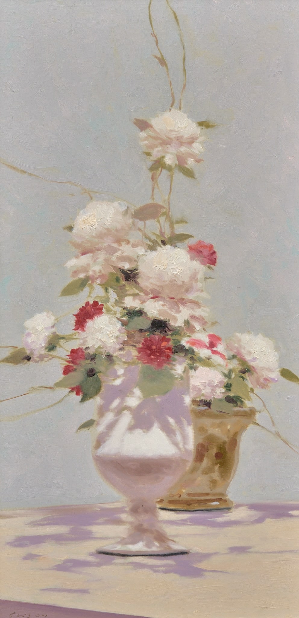 Andre Gisson, Floral Still Life: Andre Gisson (New York / France, 1921-2003), floral still life, oil on canvas, signed lower left, with G. Harvey Gallery (Austin, Texas) stickers on the verso sight: 24 x 12 in., frame: 31 x 19 in. Pr