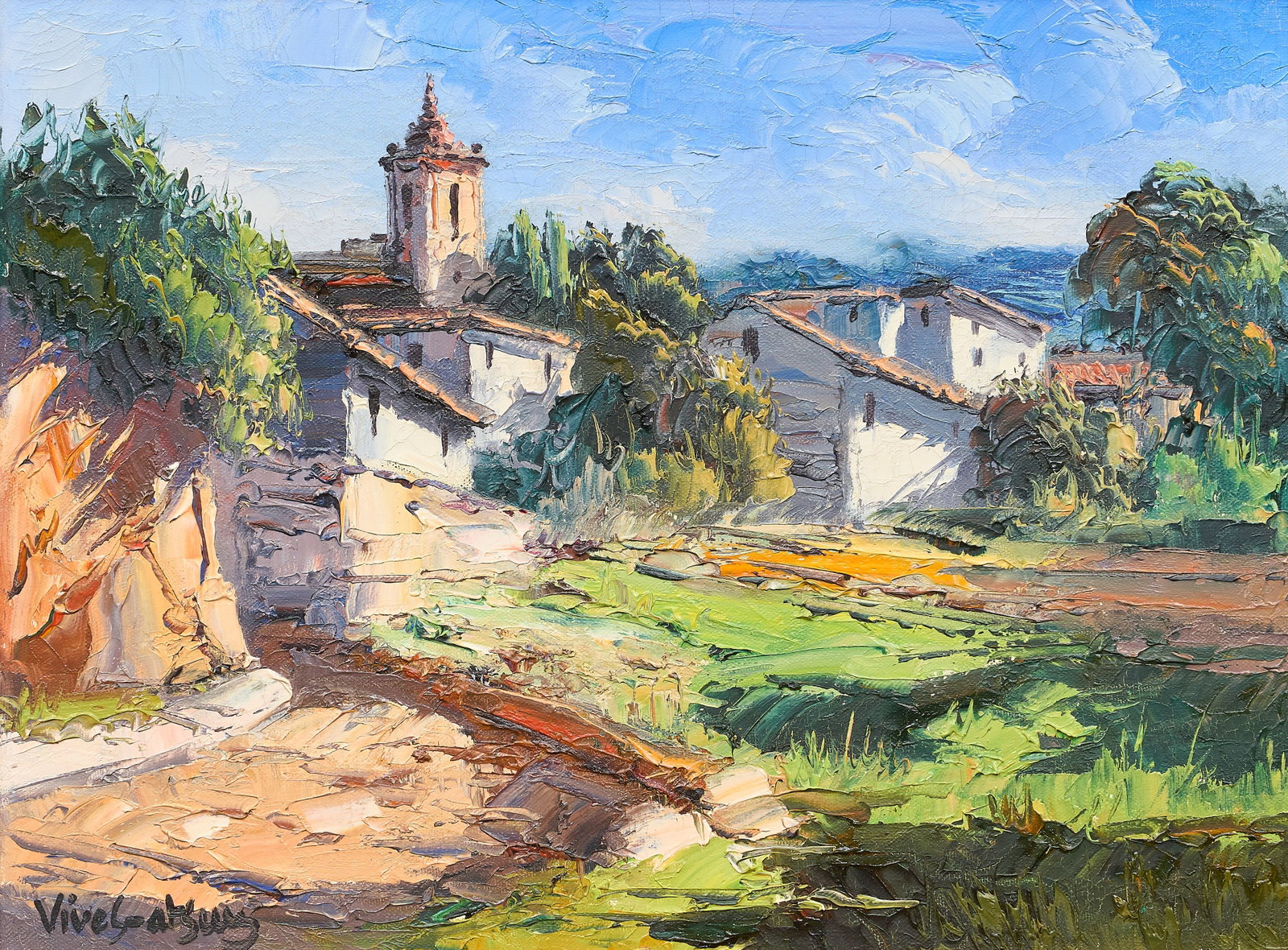 Jose Vives-Atsara, "Village & Church", 1972: Jose Vives-Atsara (Spain / San Antonio, Texas, 1919-2004), "Village & Church -- Spain", oil on canvas, inscribed on the verso with inventory code #M-418, size, title, signature