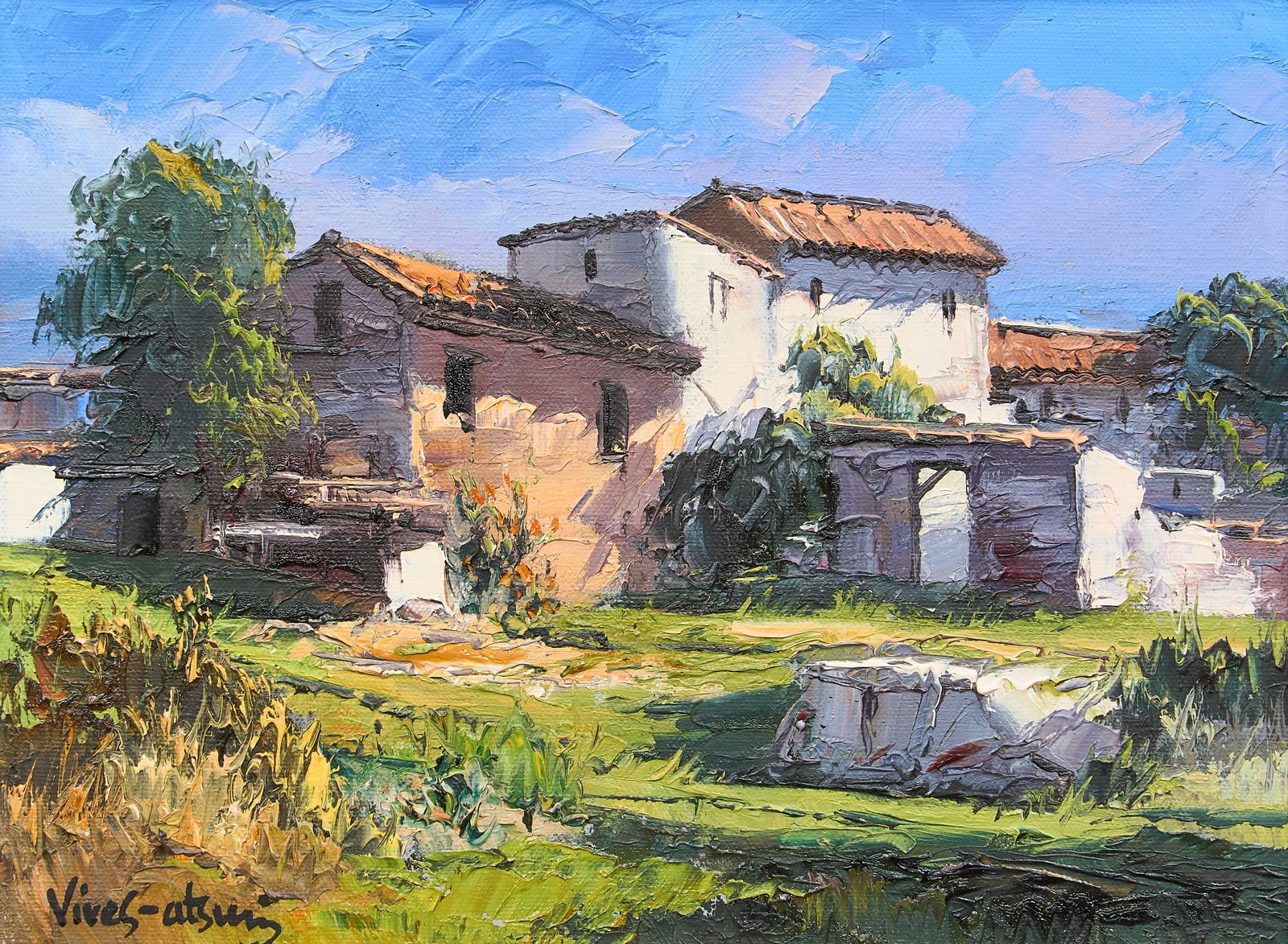 Jose Vives-Atsara, "Casas en el Campo", 1972: Jose Vives-Atsara (Spain / San Antonio, Texas, 1919-2004), "Casas en el Campo -- Catalonia, Spain", oil on canvas, inscribed on the verso with inventory code #M-440, size, title, s