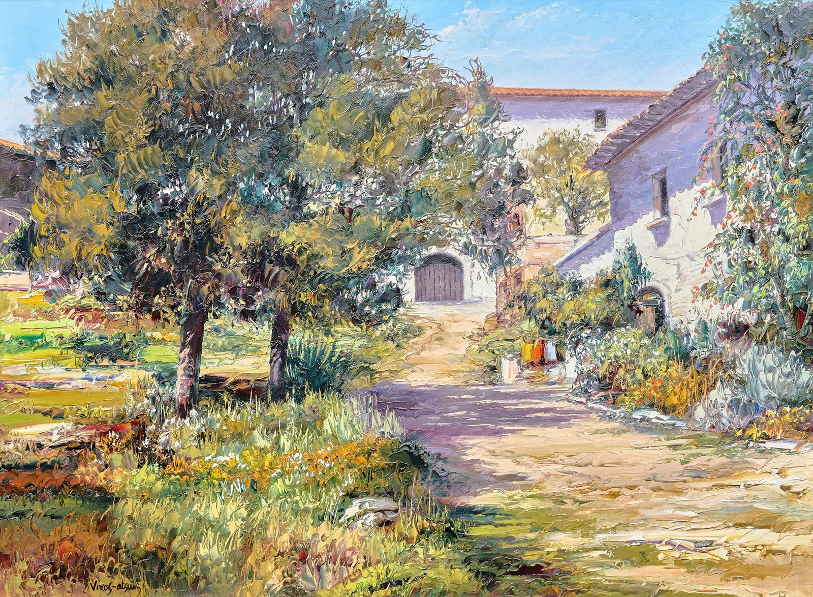 Jose Vives-Atsara, "Cases de Viladellops", 1990: Jose Vives-Atsara (Spain / San Antonio, Texas, 1919-2004), "Cases de Viladellops, Penedes", oil on canvas, signed lower left, inscribed on the verso with title, sign