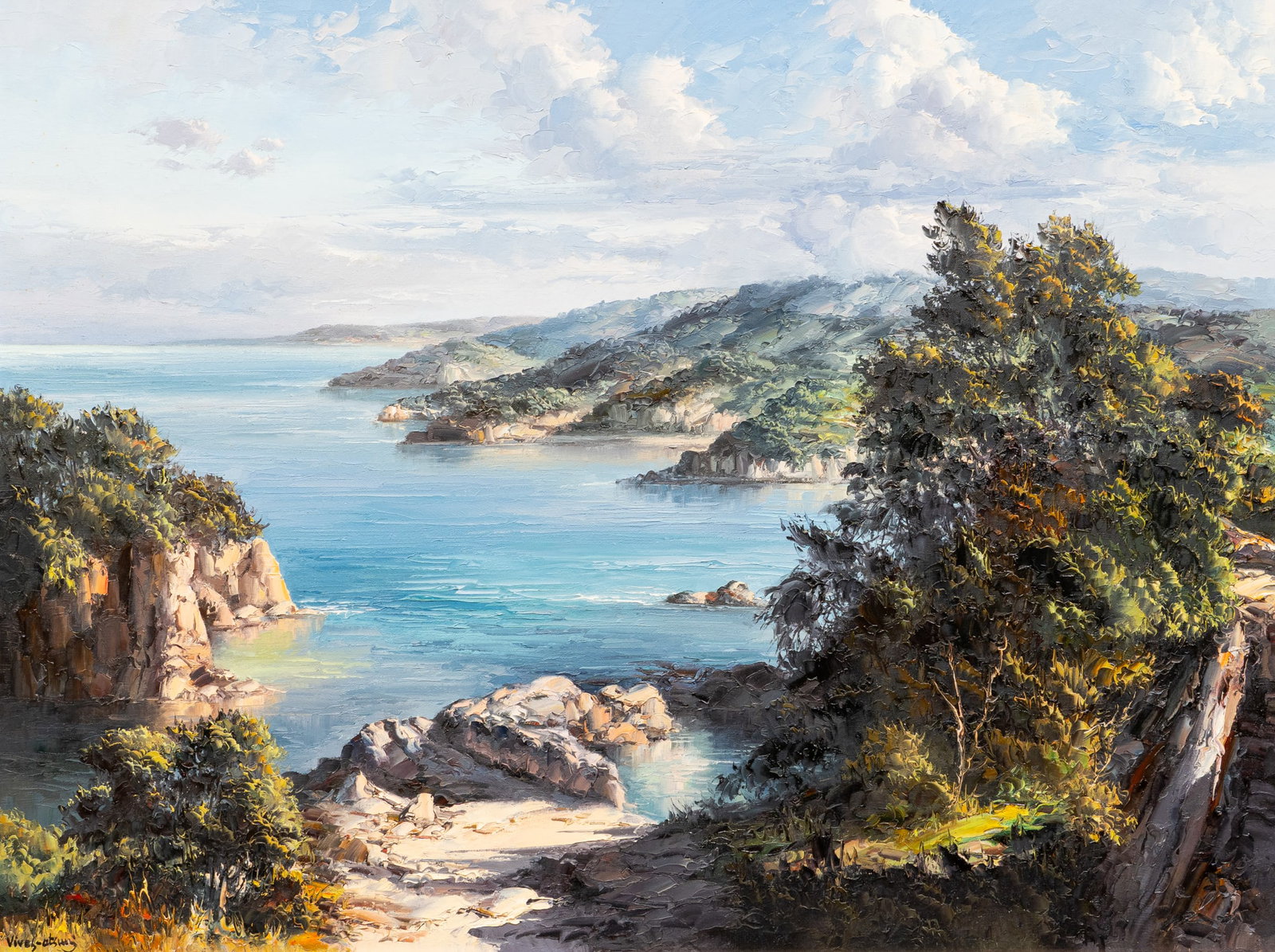 Jose Vives-Atsara, "Calm Day at the Costa Brava": Jose Vives-Atsara (Spain / San Antonio, Texas, 1919-2004), "Calm Day at the Costa Brava", signed lower left, inscribed on the verso with size, title, signature, and date (1978) sight: 30 x 4