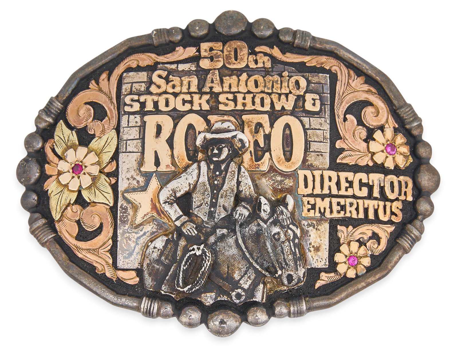Red McCombs | 50th San Antonio Rodeo Director Emeritus Buckle: Hand-chased sterling silver buckle commemorating the Director Emeritus of the 50th Annual San Antonio Stock Show and Rodeo, limited edition 15 of 17, with 10K rose gold overlay, floral motifs set with
