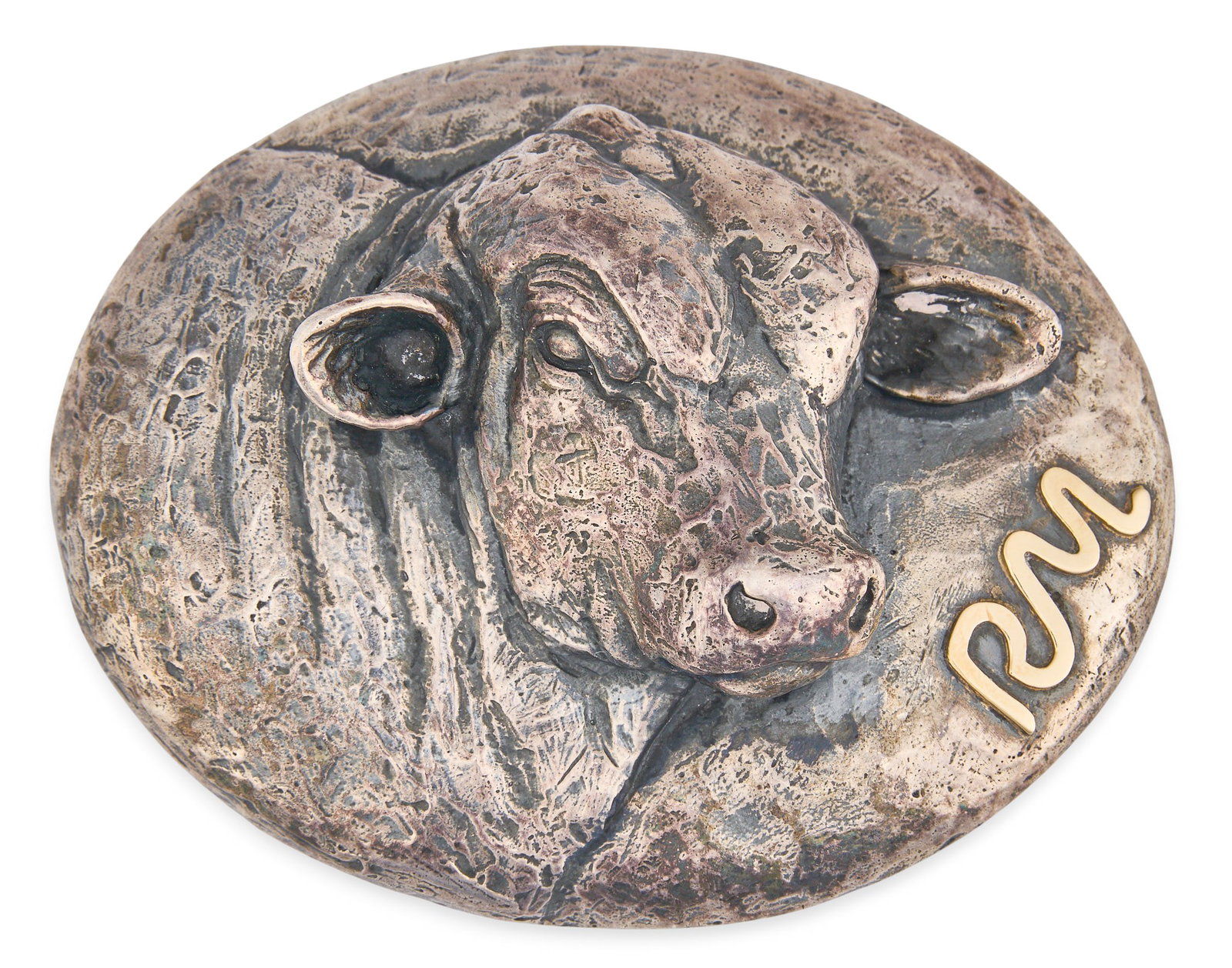 Red McCombs | James Avery Sterling Silver RM Bull Buckle: Limited edition James Avery sterling silver belt buckle depicting repousse Hereford head, with applied gold "RM" initials, edition 10/100, marked with James Avery logo and "ST