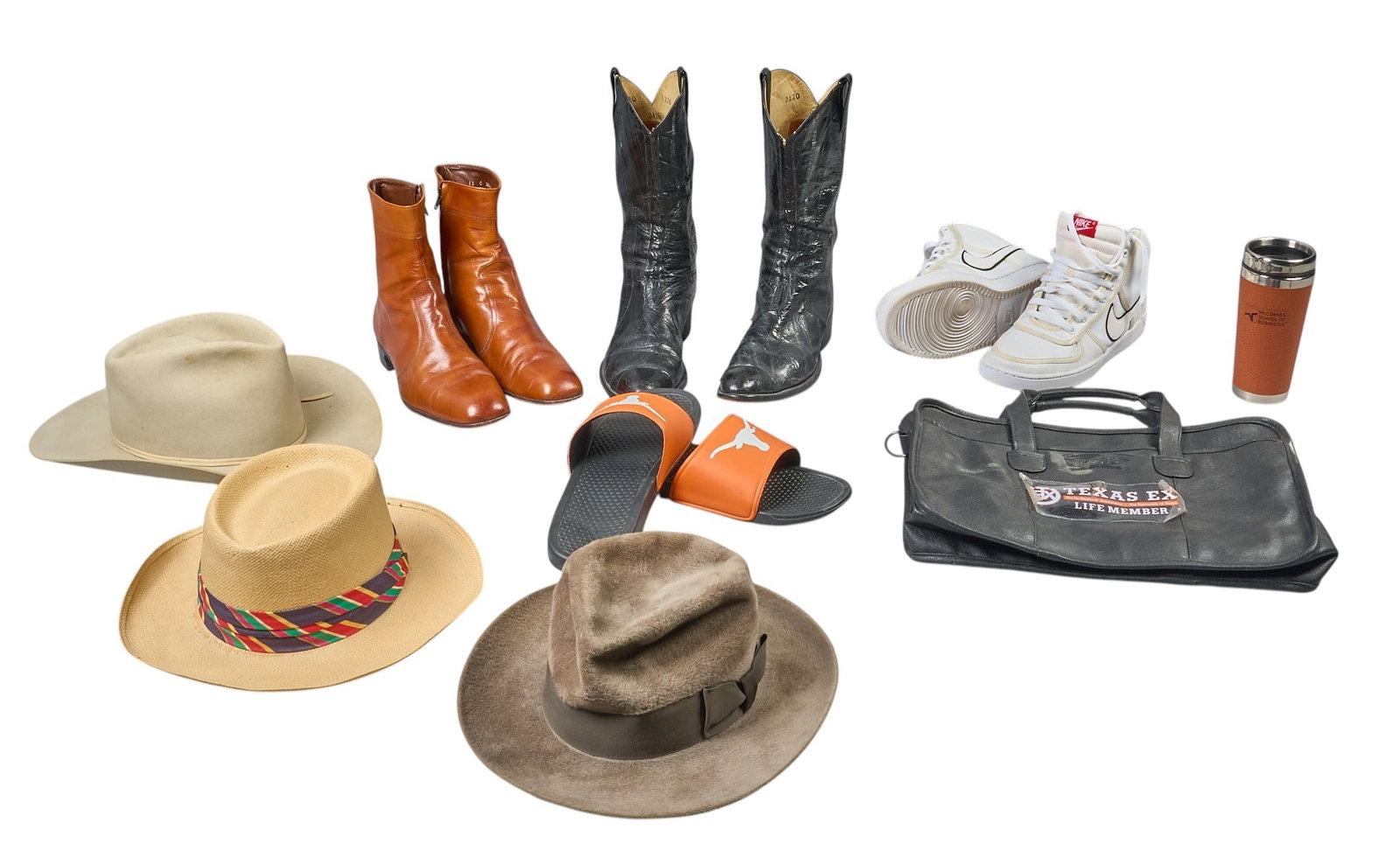 Red McCombs | Apparel and Accessories: Collection of various apparel and accessories, includes three gentlemen's hats, a pair of black eel leather cowboy boots size 12, a pair of brown leather dress boots size 12, a pair of Nike Vandal