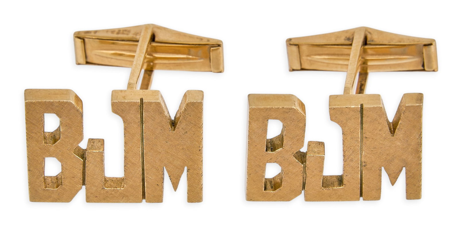 Red McCombs | 14K BJM Cufflinks: Pair of 14K gold pierced monogram cufflinks reading "BJM", featuring Florentine finish, marked "14K BASCH" Size: 3/4 in. x 5/8 in. Total weight: 16.2g
