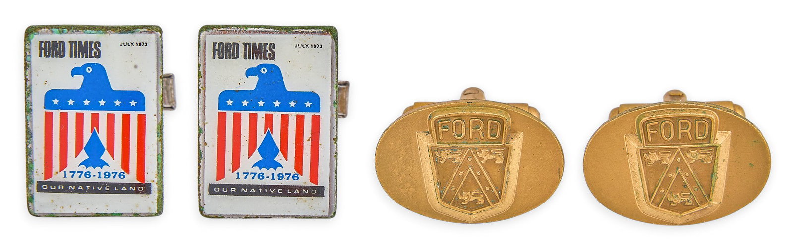 Red McCombs | (2) Pairs of Vintage Ford Cufflinks: Two pairs of vintage cufflinks, to include one pair featuring miniature replicas of the July 1973 cover of Ford Times magazine, commemorating the U.S. Bicentennial, and one pair of gold-tone cufflinks
