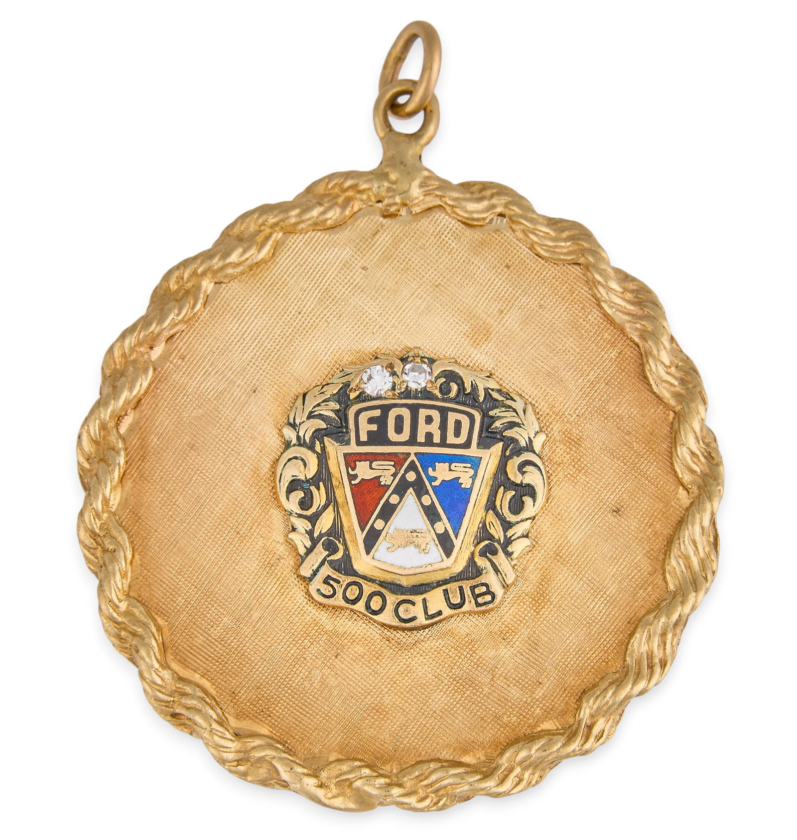 Red McCombs | 14K Ford National Chairman Charm: 14K gold charm featuring a rope twist border and central Ford emblem, with two round diamond accents and "500 CLUB" inscription, reverse is inscribed "National Chairman&q