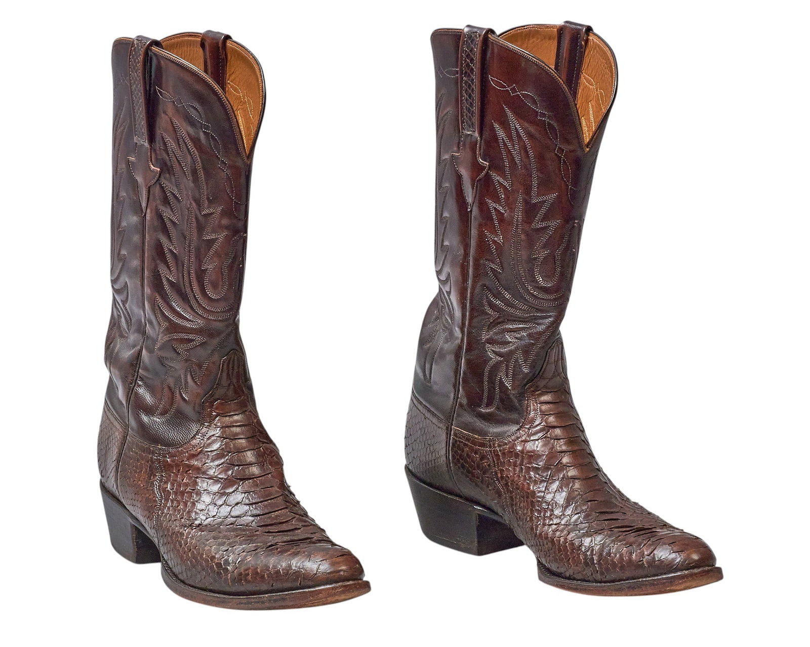 Red McCombs | Pair of Lucchese Rattlesnake Cowboy Boots, 13D: Pair of Lucchese brown leather cowboy boots with rattlesnake skin vamps, size 13D height 14.25 in. x width 4 in. x depth 12 in. / each Condition A; excellent condition, shows little signs of wear