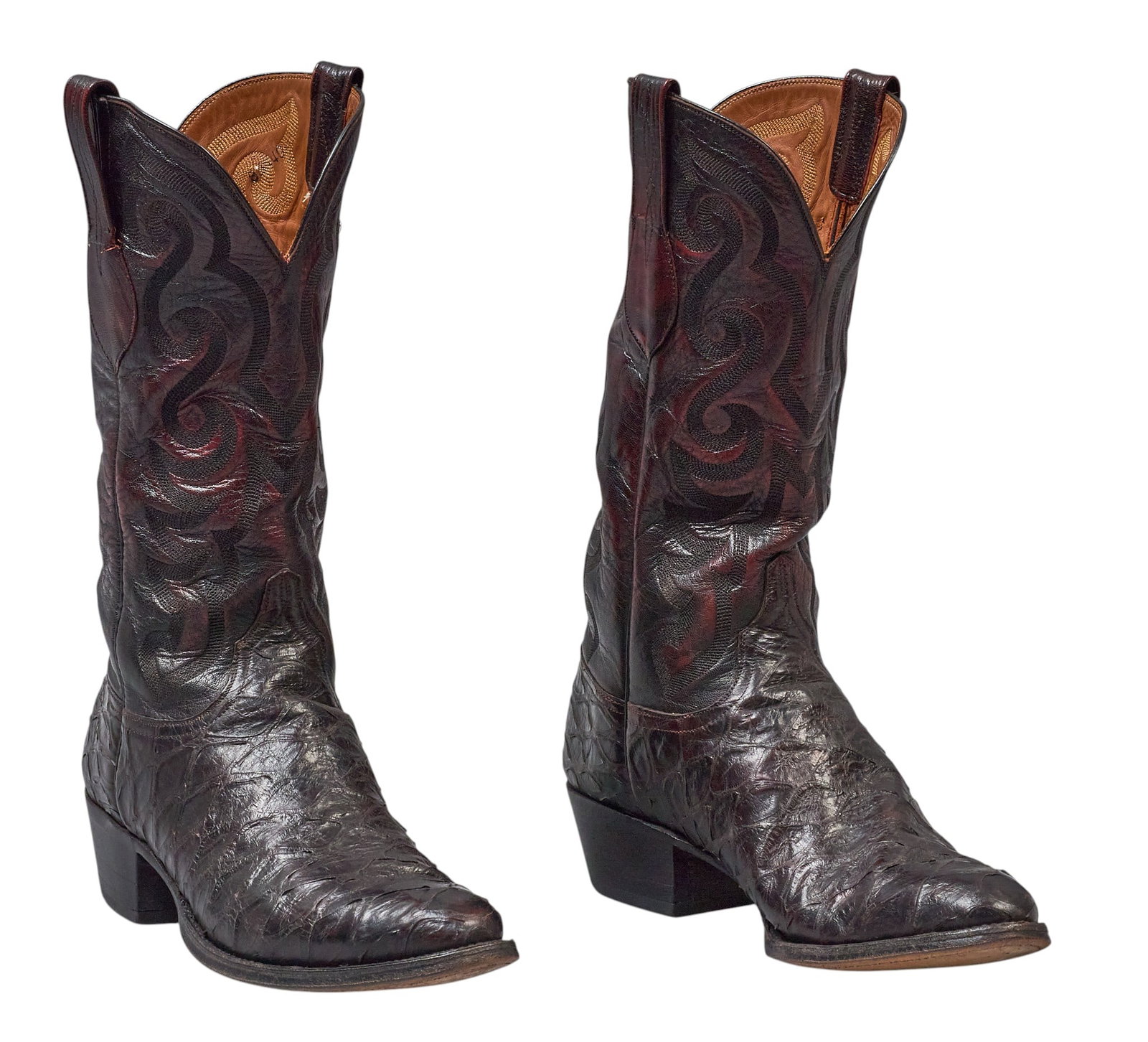 Red McCombs | Pair of Lucchese Anteater Cowboy Boots: Pair of Lucchese oxblood anteater leather cowboy boots, size 12 height 14.5 in. x width 4.5 in. x depth 12.5 in. / each Condition AB; very good condition, regular wear signs Provenance: Pr