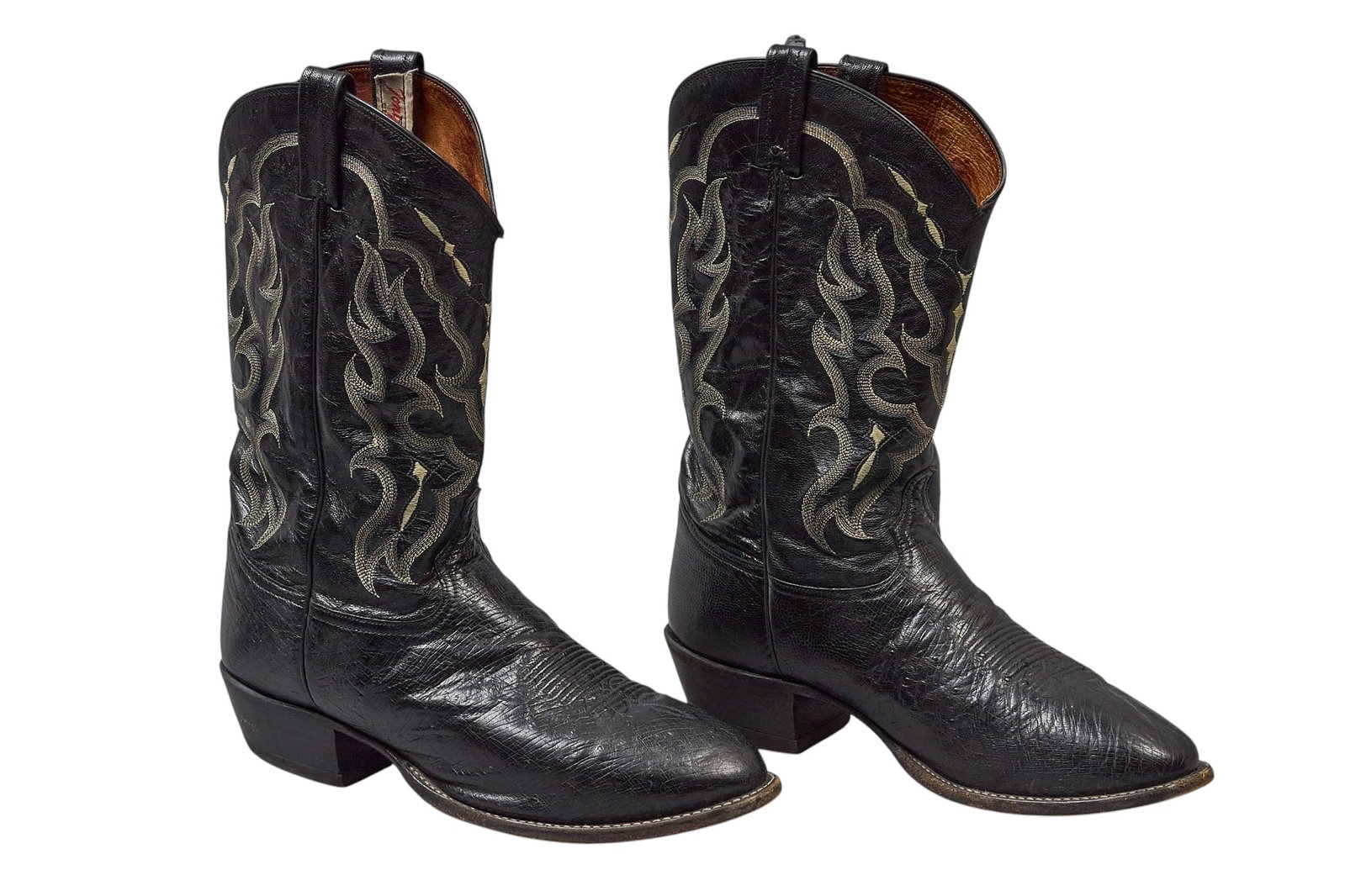 Red McCombs | Pair of Tony Lama Black Leather Cowboy Boots, 13 EE: Pair of Tony Lama exta-wide black leather cowboy boots with decorative white stitching, size 13 EE height 15 in. x width 4.5 in. x depth 12.5 in. / each Condition AB; very good condition, 