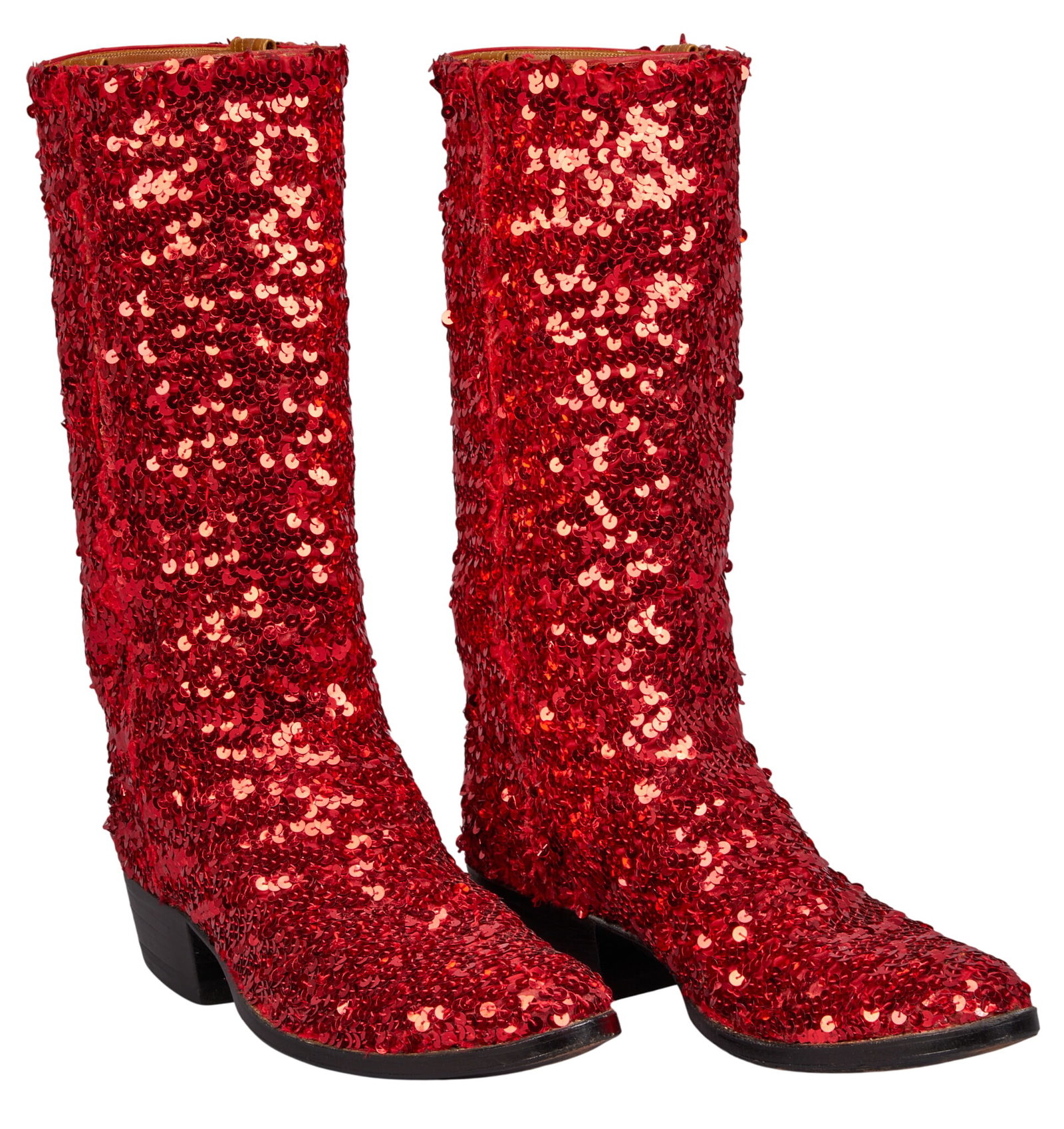 Red McCombs | Pair of Customized Sequined Boots and Leather Boot Bag Set: Pair of custom-made boots decorated with red sequin fabric, featuring McCombs Ranches brand inside, also marked Red McCombs, size not marked, approximated as men's US size 12, also 