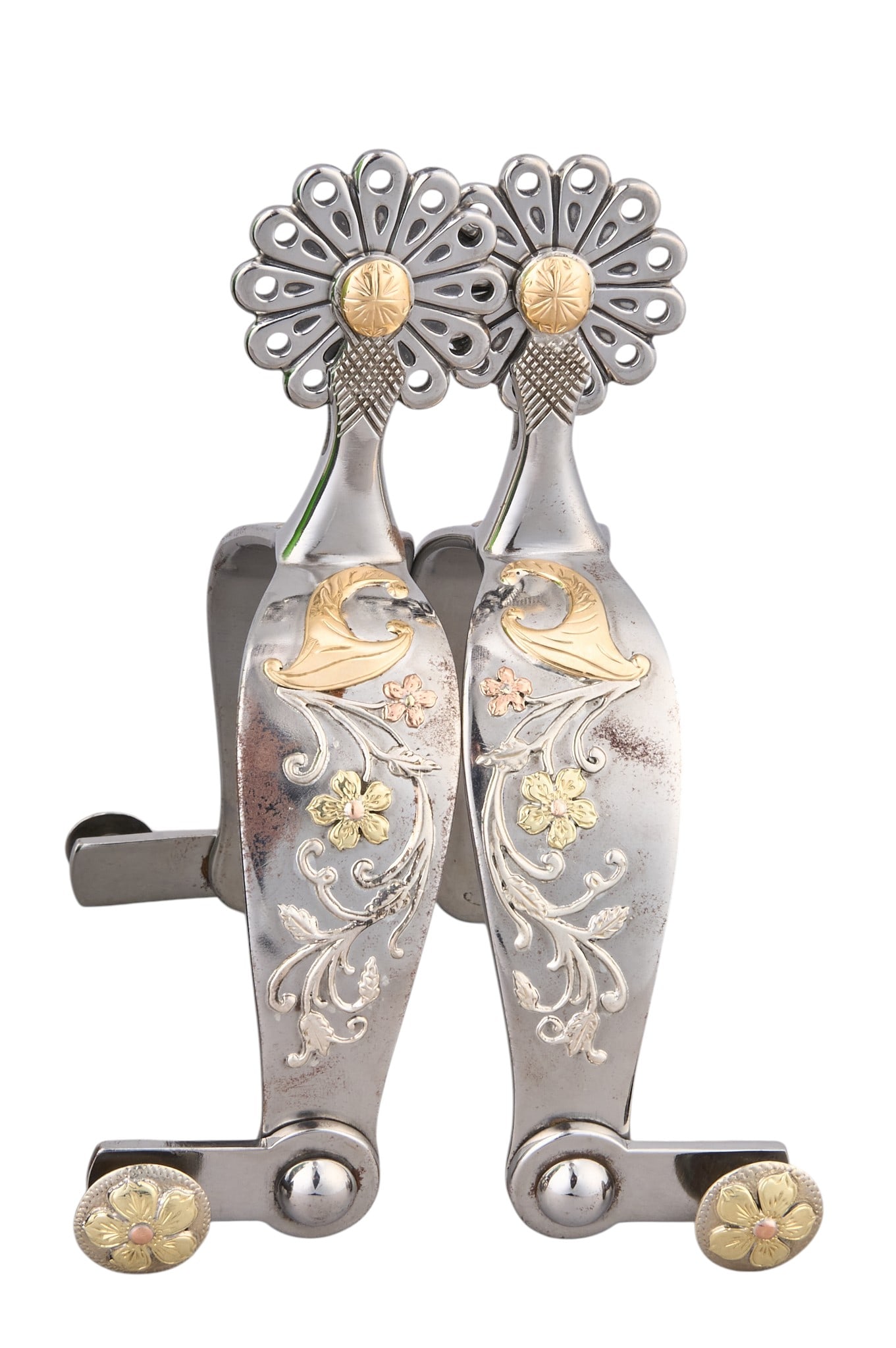 Red McCombs | Pair of Custom Russel Yates Silver Metal Spurs: Pair of custom Russel Yates (Rotan, Texas) silver metal spurs with floral motifs, including silver and gold overlay on heel band and buttons, engraved "Made For Red McCombs", "Apri