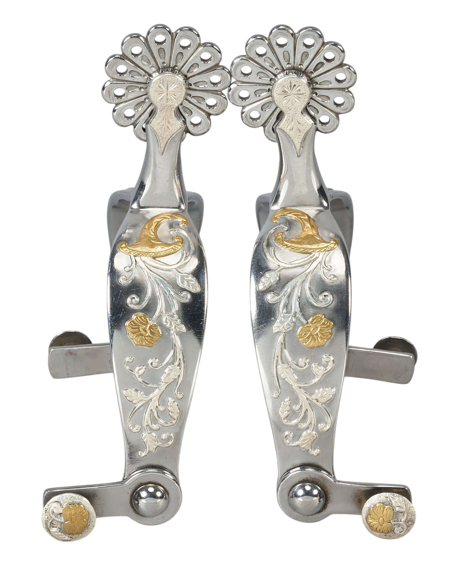 Red McCombs | Pair of Custom Russel Yates Silver Metal Spurs: Pair of custom-made silver metal Russel Yates (Rotan, Texas) spurs decorated with gold and silver overlaid floral motifs, engraved "Made for Red McCombs", "Feb 2000" 