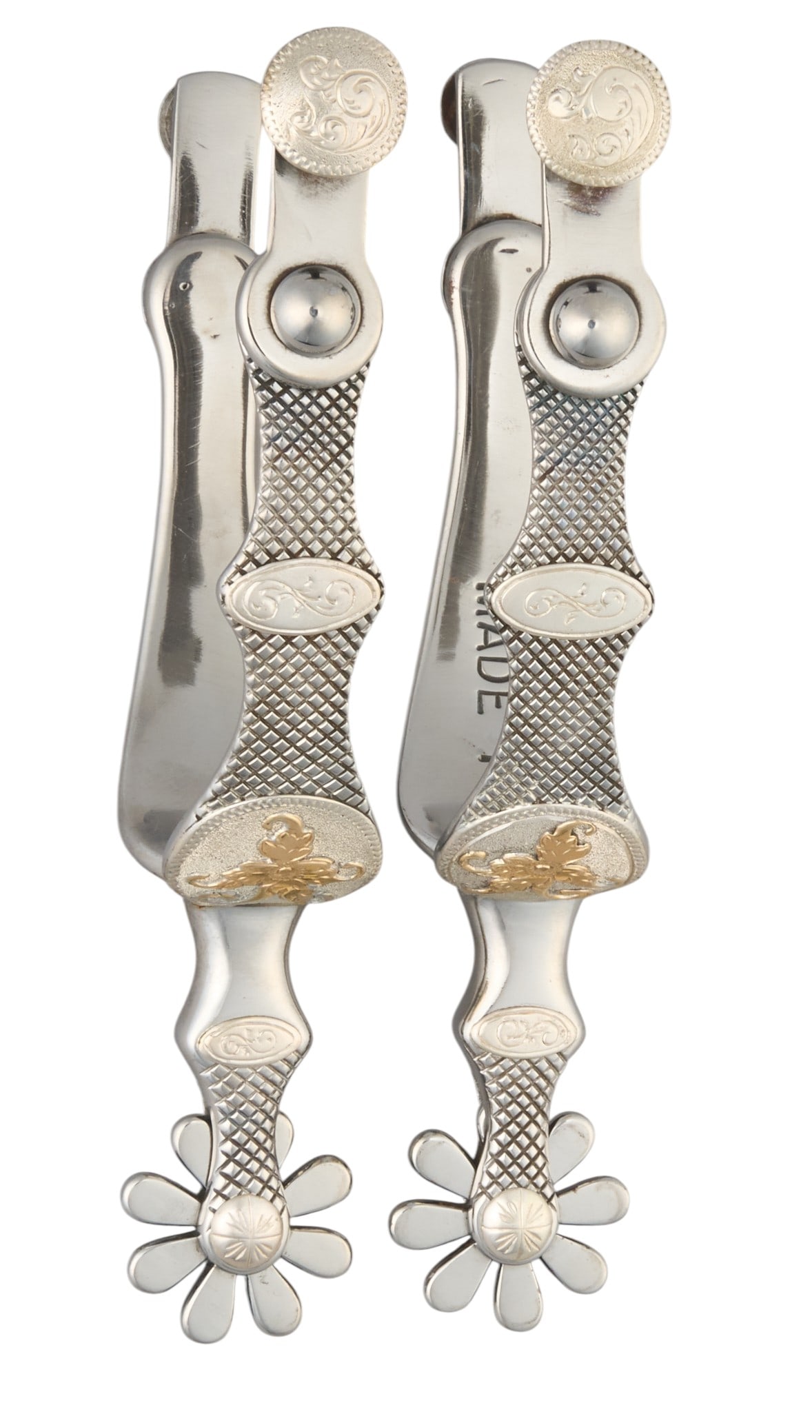 Red McCombs | Pair of Custom Russel Yates Silver Spurs: Pair of custom Russel Yates (Rotan, Texas) silver spurs with engraved checkering on heel band and shank, with floral motifs, marked "Made for Red McCombs" "July 2001" on heel band 