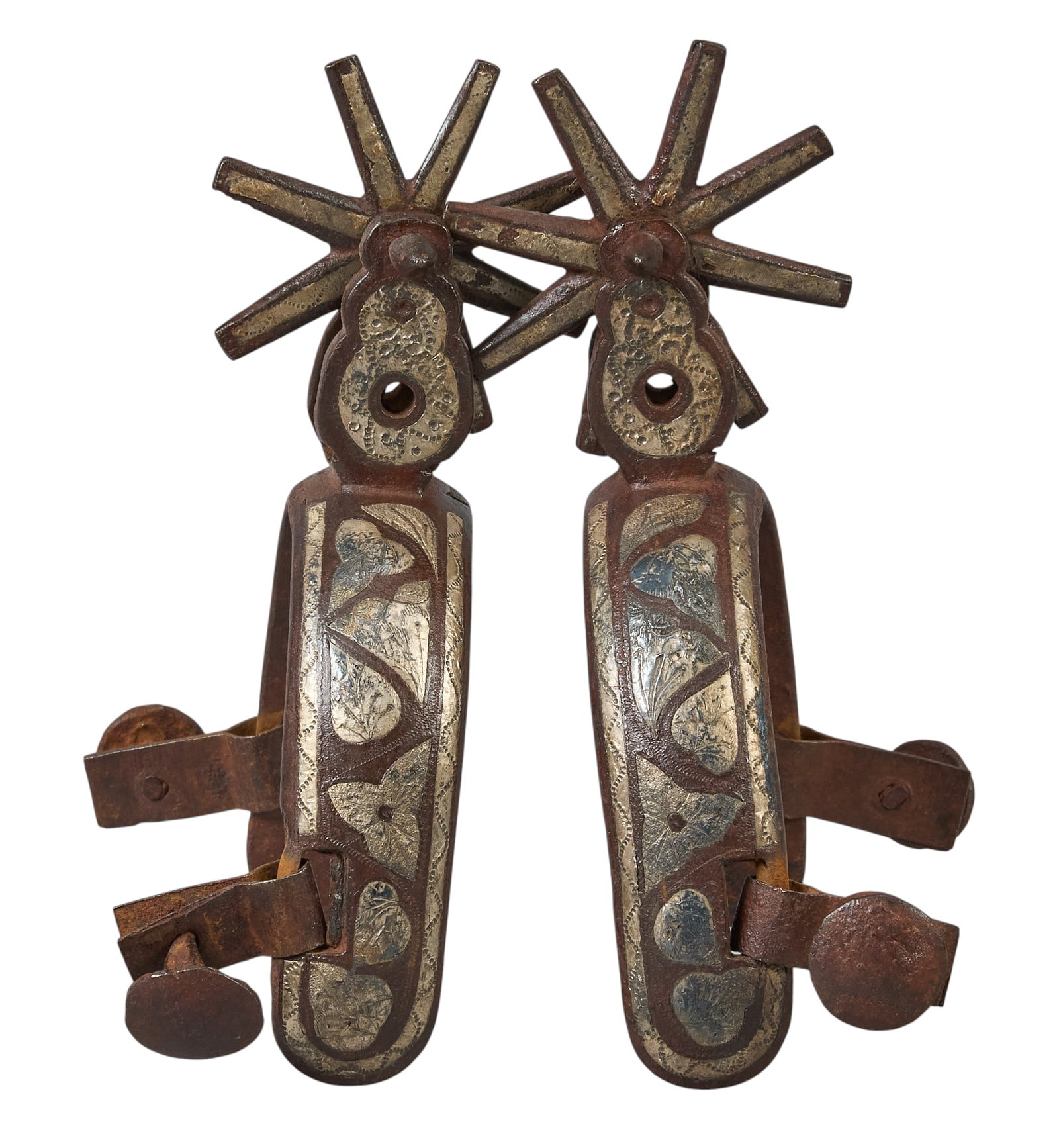 Red McCombs | Pair of Vintage Mexican Spurs: Pair of vintage Mexican spurs with silver inlaid geometric design on heel band overall length: 5.5 in. heel width: 3.25 in. rowel diameter: 2.5 in. 
