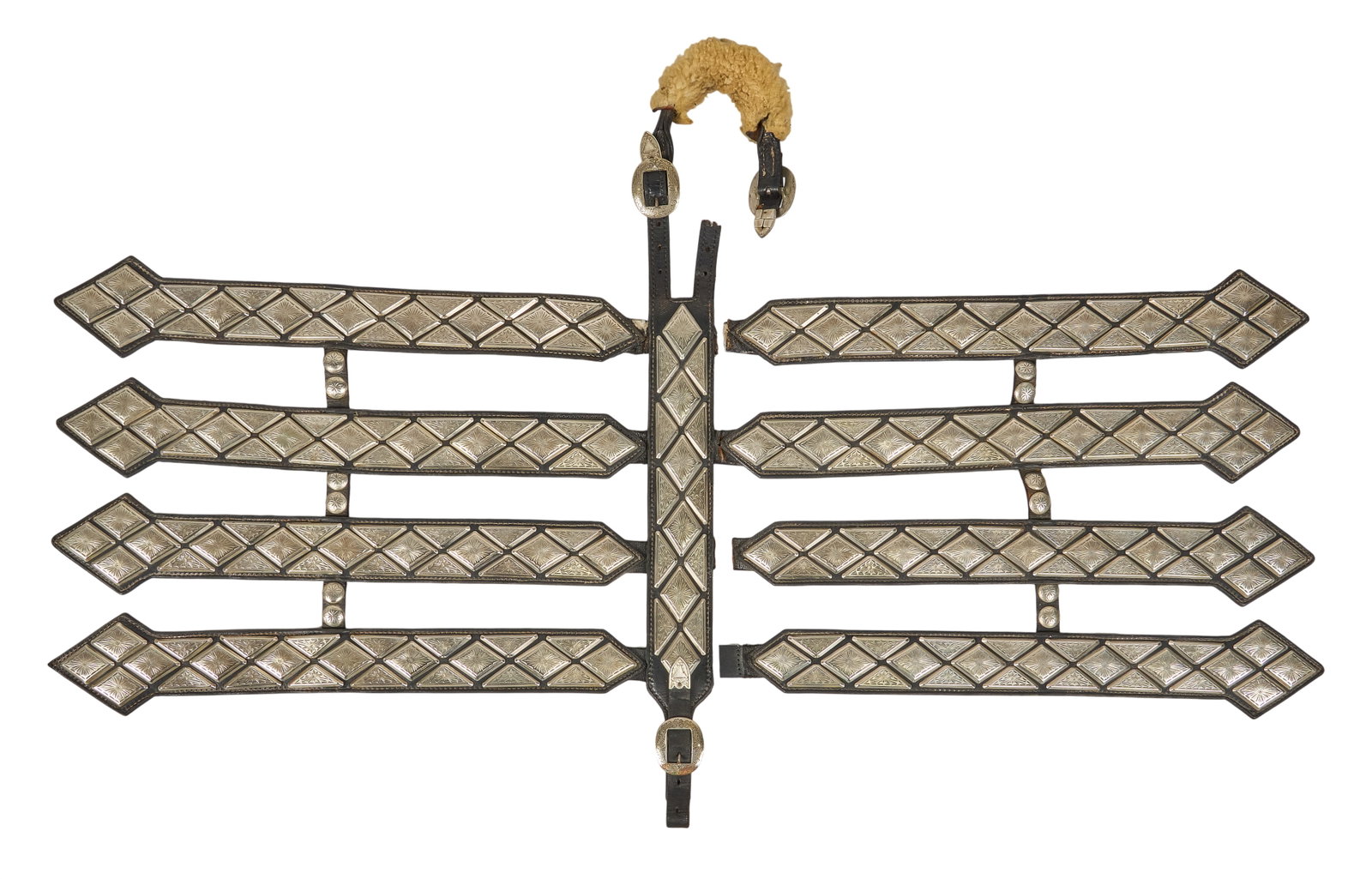 Red McCombs | Silver Mounted Parade Saddle Back Drops: Silver mounted parade saddle back drops with diamond pattern height 27.5 in. x width 43.5 in. x depth 1.5 in. Provenan