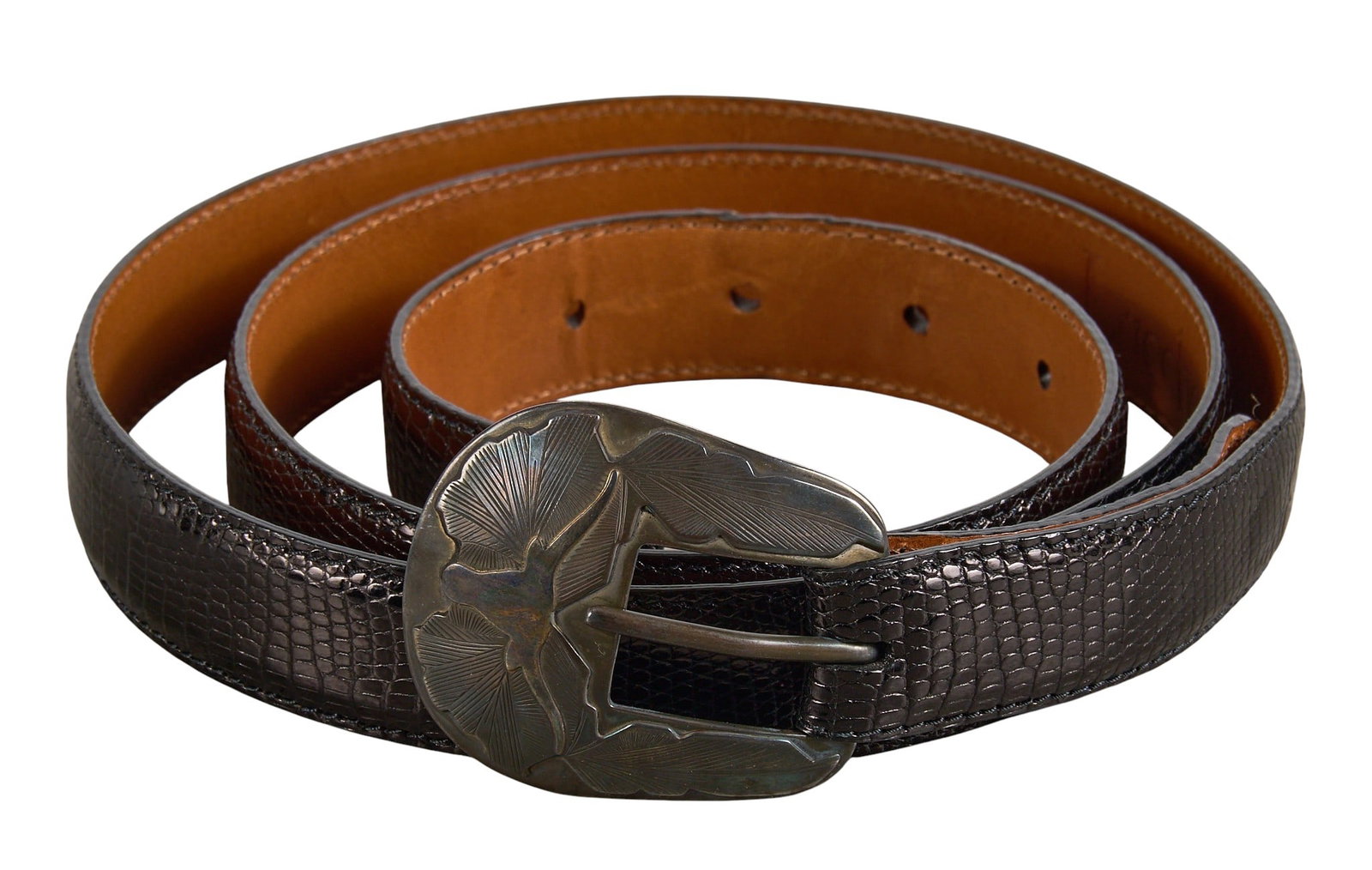 Red McCombs | Lucchese Lizard Belt with Sterling Silver Buckle, Size 40: Lucchese lizard size 40 black leather belt with Edward Baird sterling silver and 14k gold belt buckle with longhorn motif, marked "Edward Baird for Rewards, Austin Texas, .925 14k" 