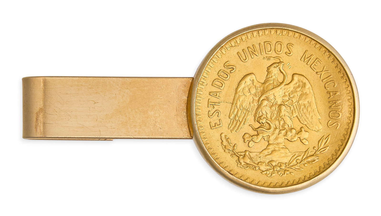 Red McCombs | 14K Mexican Coin Tie Bar: 14K gold tie bar featuring a bezel set Mexican coin, marked "14K" Size: 1.5 in. wide Total weight: 11.4 g Provenance: Property from the personal estate collection of iconic Texas businessman