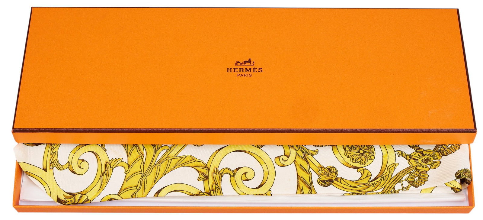 Red McCombs | Hermes Les Tuileries Silk Tie: Hermes "Les Tuileries" silk tie, designed by Joachim Metz, includes Hermes box 56 in. x 3.5 in. Provenance: Property from the personal estate collection of iconic Texas businessm