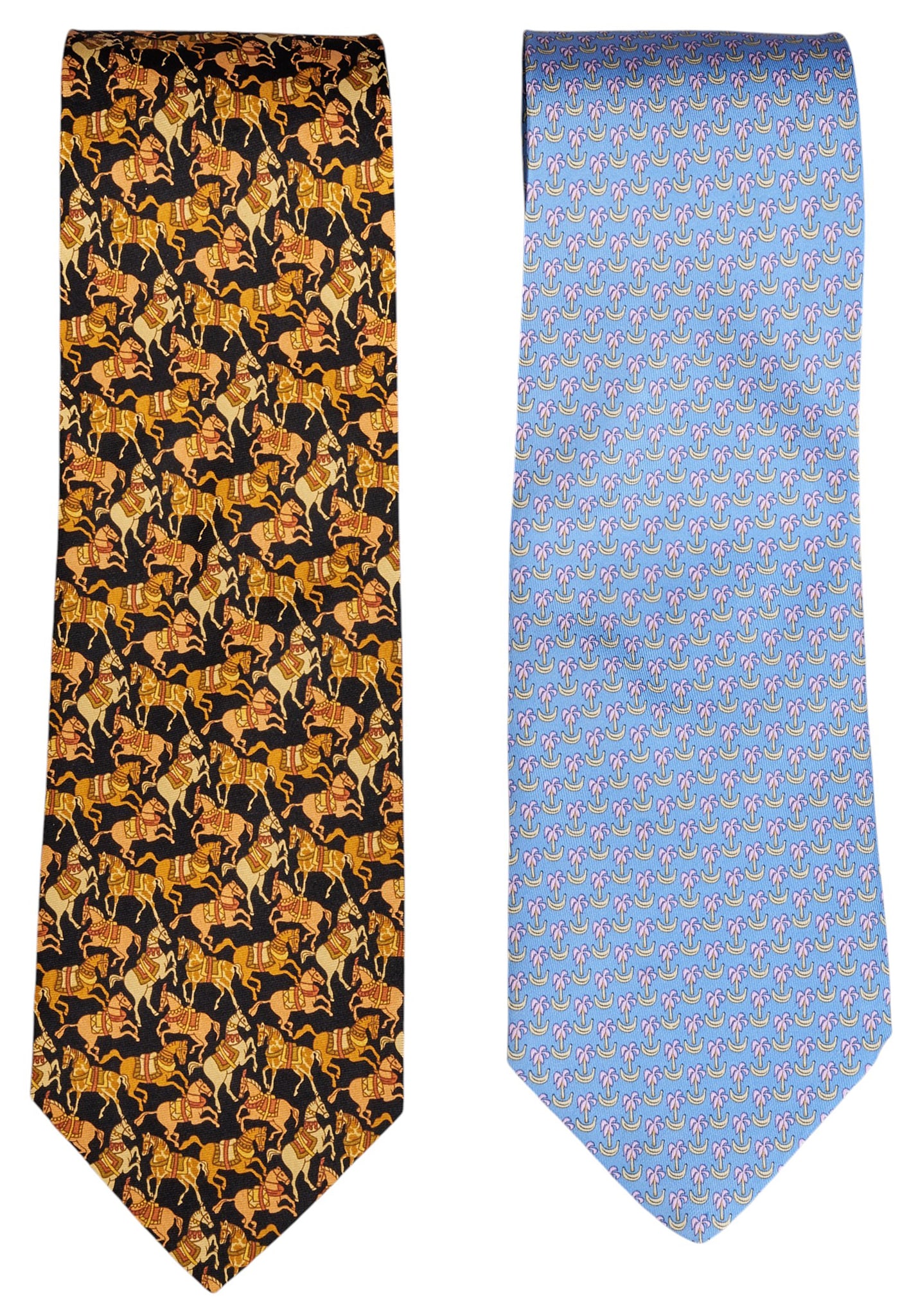 Red McCombs | (2) Salvatore Ferragamo Silk Ties: Collection of two Salvatore Ferragamo silk ties, includes horse design, and tropical design 60 in. x 3.5 in. / each Provenance: Property from the personal estate collection of iconic