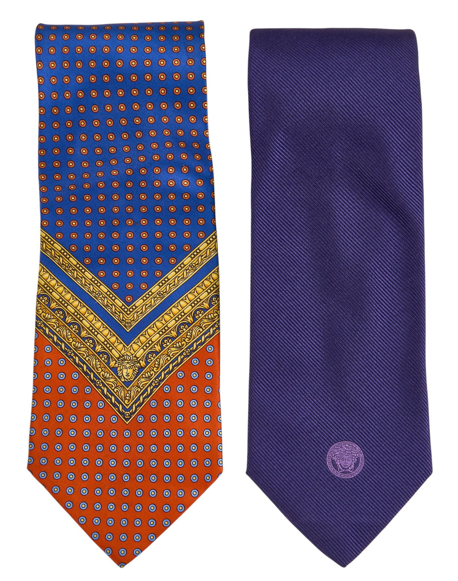 Red McCombs | (2) Gianni Versace Silk Ties: Collection of two Gianni Versace silk ties, includes baroque design tie, purple tie 57.5 in. x 4 in. / baroque 56.5 in. x 4 in. / purple Provenance: Property from the personal estate
