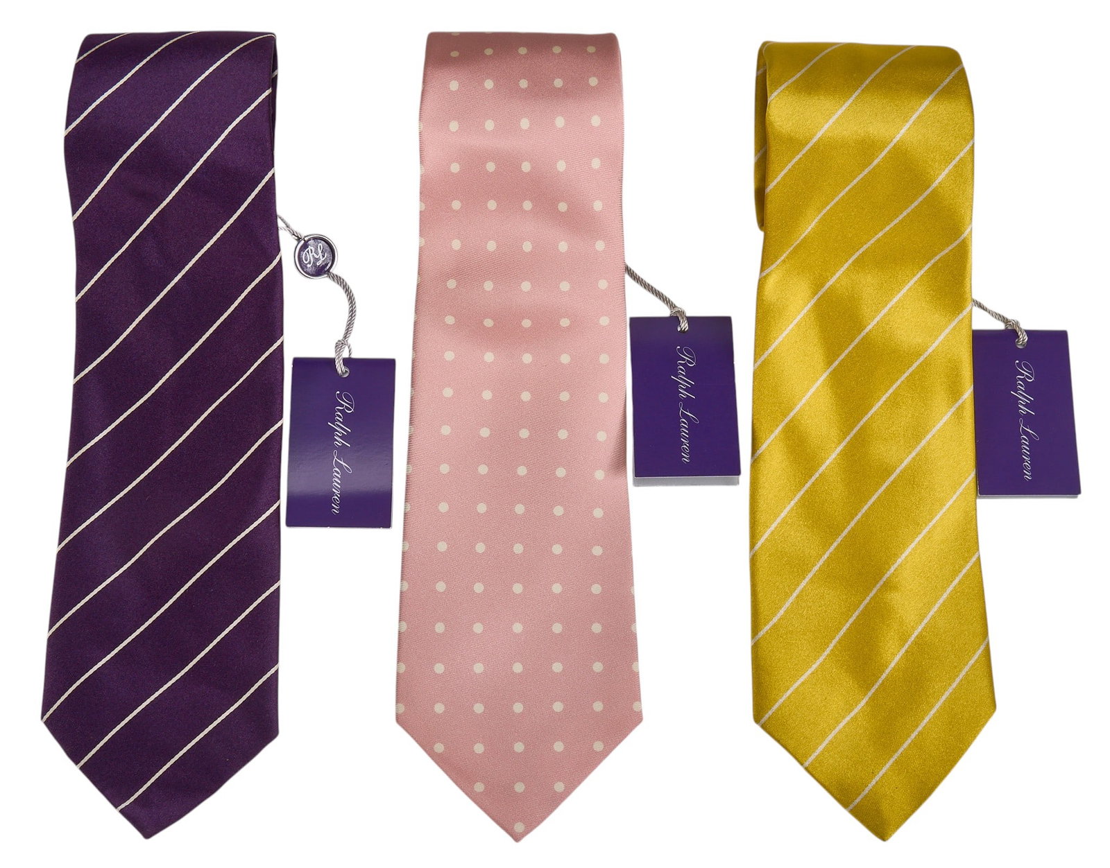 Red McCombs | (3) Ralph Lauren Ties: Collection of three Ralph Lauren silk ties, includes pink polka dot tie, purple striped tie, yellow striped tie 58.5 in. x 3.5 in. / each Condition AA; perfect condition, never been worn