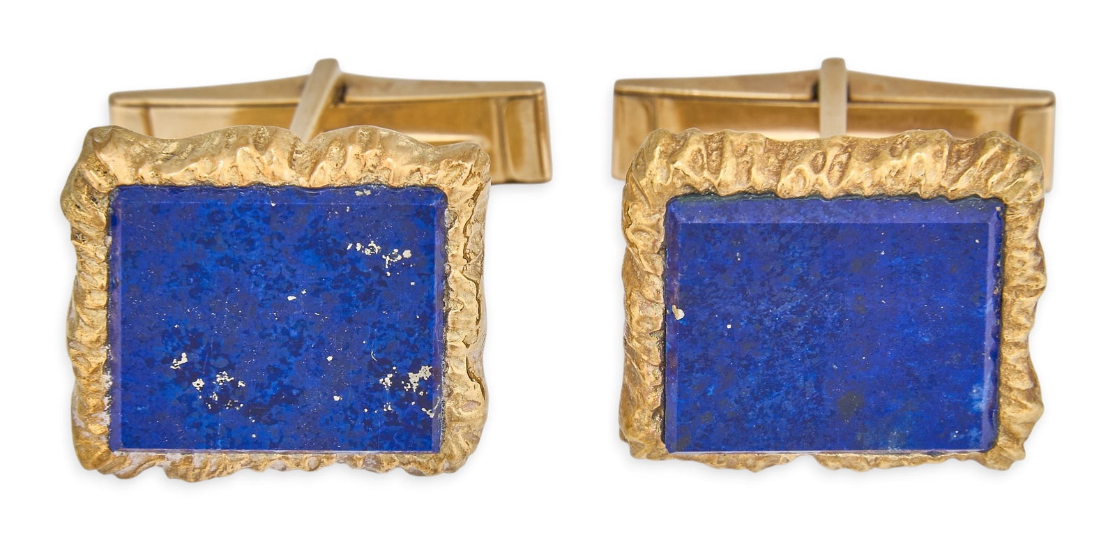 Red McCombs | 14K Lapis Cufflinks:  Pair of 14K gold cufflinks, set with beveled high polished lapis in sculpted 14K gold settings, with toggle backs, marked "14KT" Size: 3/4 in. x 5/8 in. Total