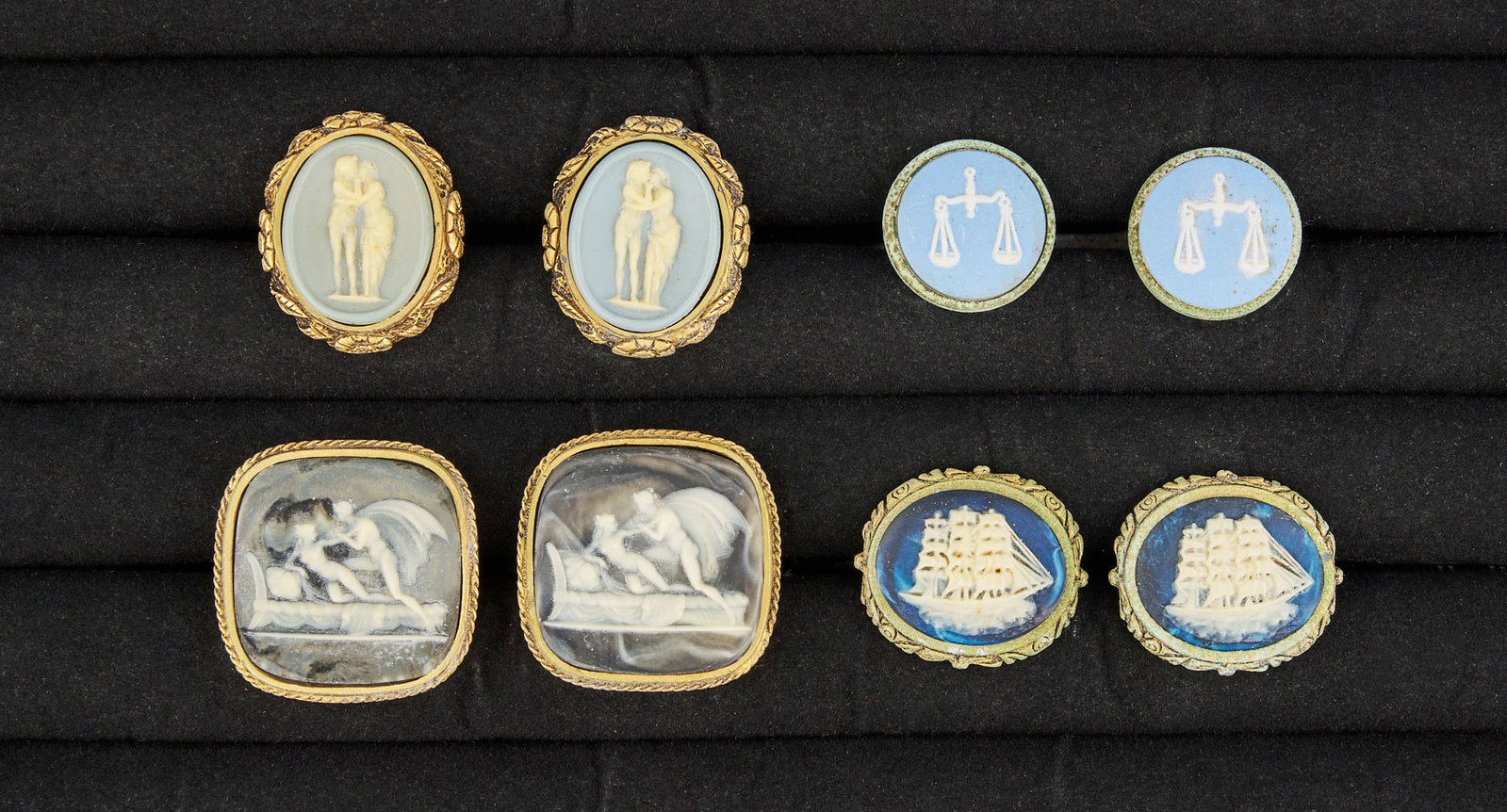 Red McCombs | (4) Pairs of Jasperware Cufflinks: Four pairs of cufflinks, each featuring Jasperware cameos depicting figural and landscape scenes Provenance: Property from the personal estate collection of iconic Texas businessman, civic leader and