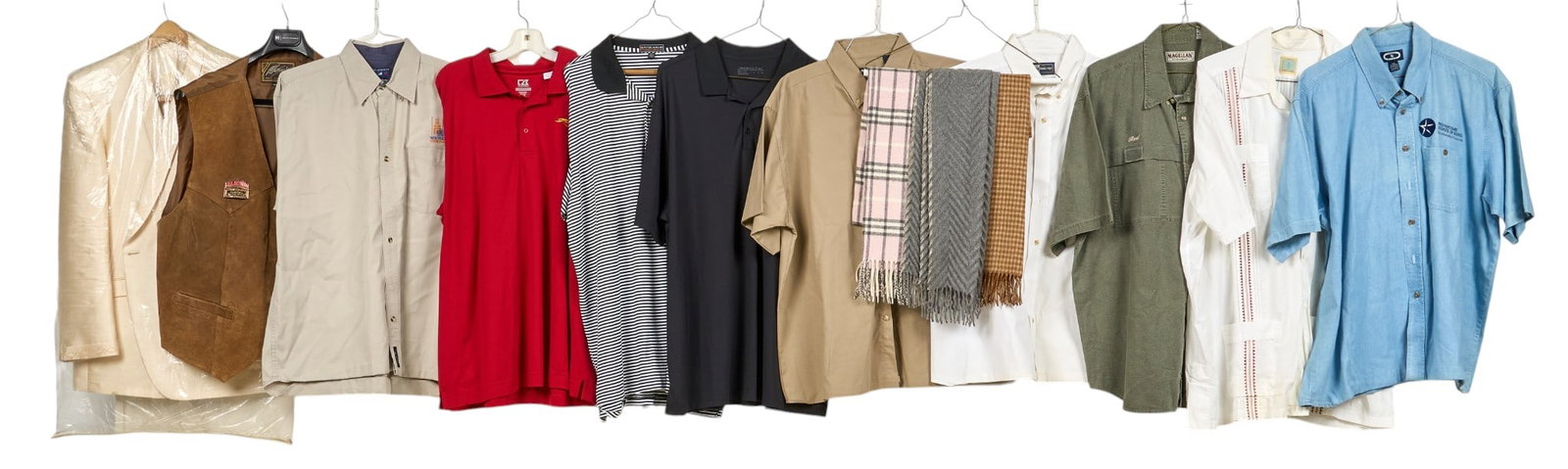 Red McCombs | Men's Apparel: Collection of eleven pieces of men's apparel, includes polo shirts, a vest, and dinner jacket, all sized XL, and three scarves, Provenance: Property from the personal estate collection
