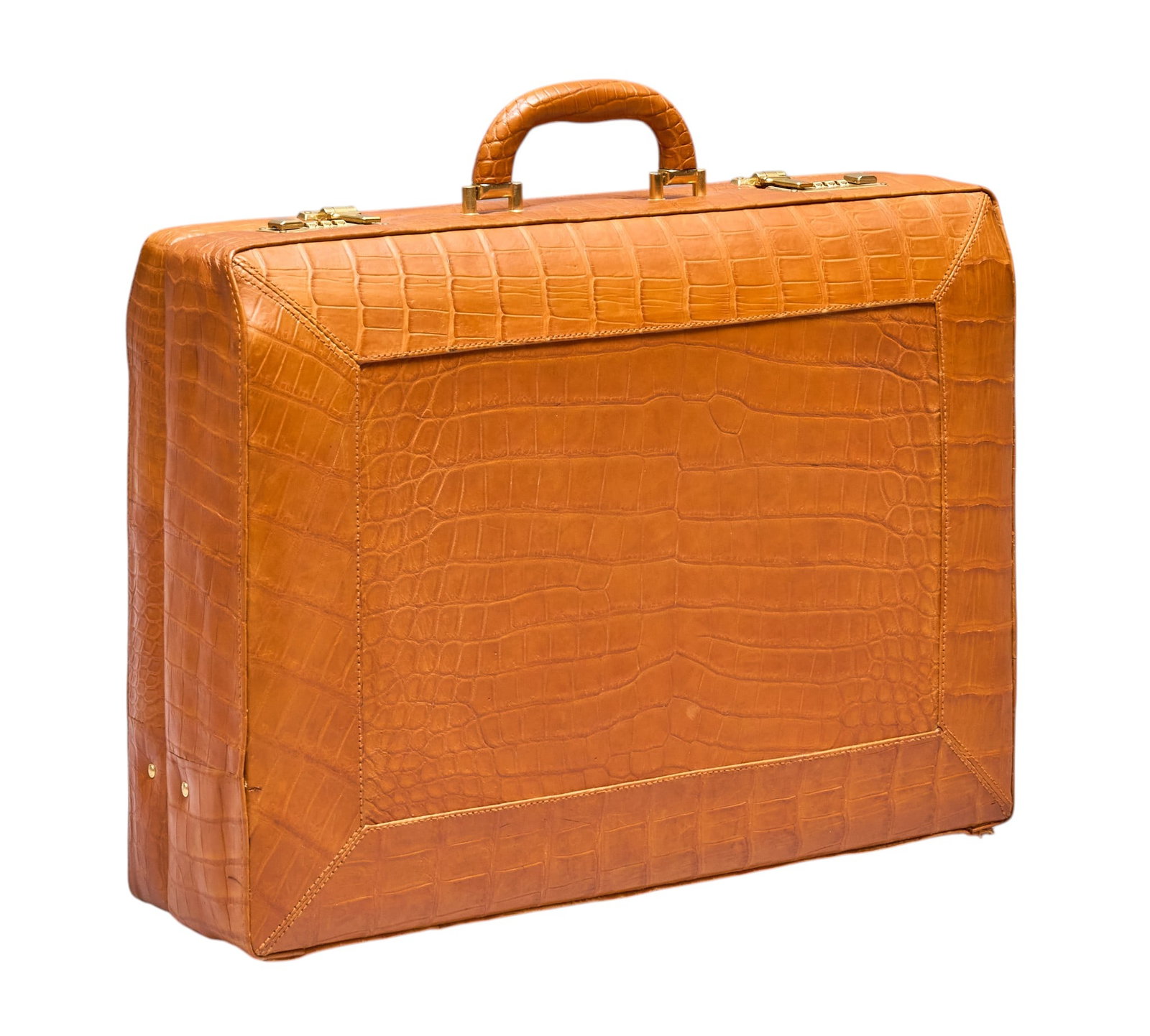 Red McCombs | Alligator Leather Briefcase: Orange alligator leather briefcase with alligator leather handle, and golden hardware height 17 in. x width 17.5 in. x depth 5.5 depth Condition AA; perfect condition, has barely been