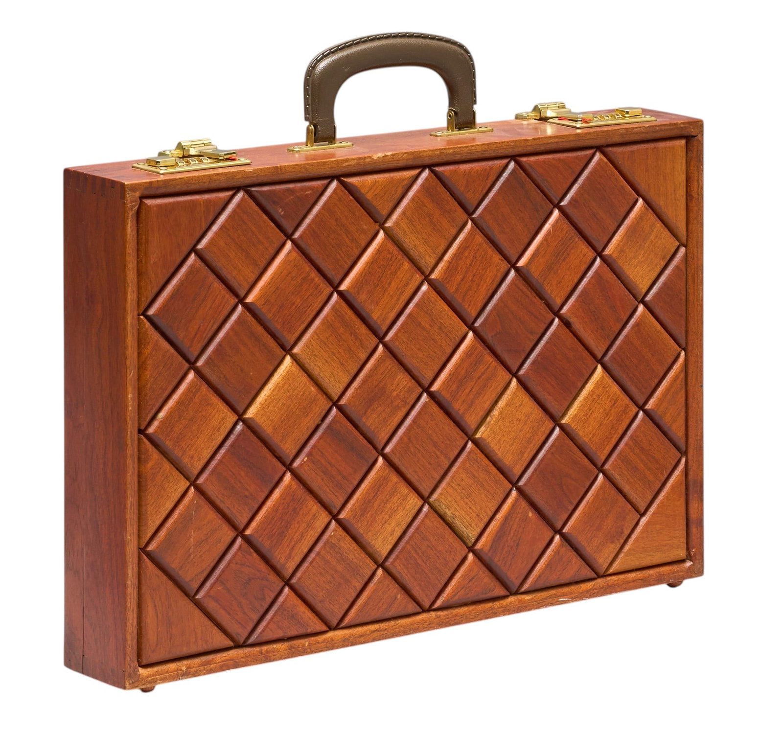 Red McCombs | Carved Wooden Attache Case: Wooden attache case, with carved diamond pattern, and golden hardware height 3 in. x width 17.5 in. x depth 12 in. Condition AA; perfect condition, has barely been used