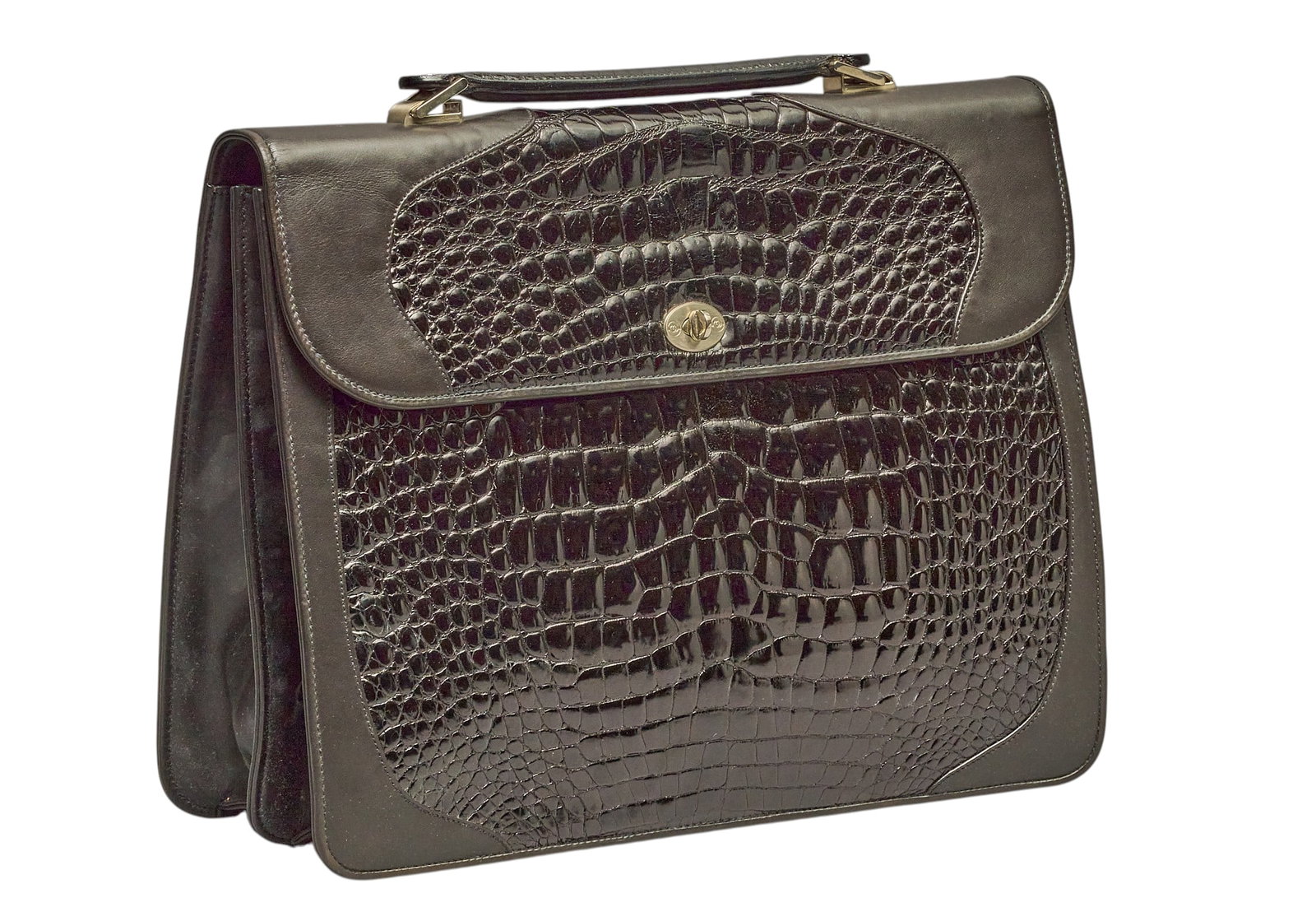 Red McCombs | Gucci Black Crocodile Leather Briefcase: Vintage Gucci black crocodile leather briefcase, with suede lining height 12.5 in. x width 16 in. x depth 5 in. Condition A; excellent condition, shows little signs of wear