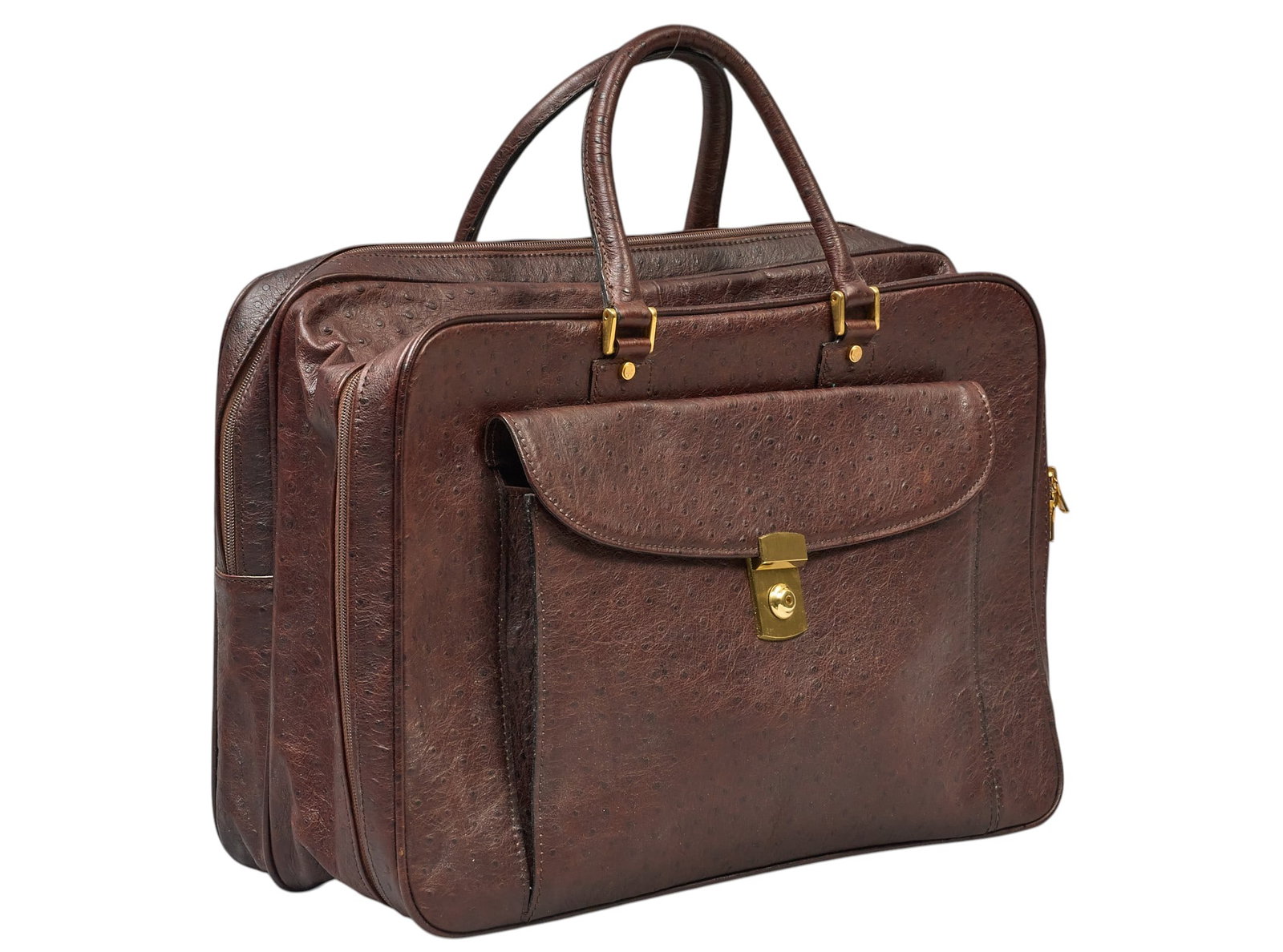Red McCombs | Vintage Landau Ostrich Leather Briefcase: Vintage Landau ostrich leather briefcase, with golden hardware 21 in. x 13 in. x 2 in. Condition A; excellent condition, shows little signs of wear