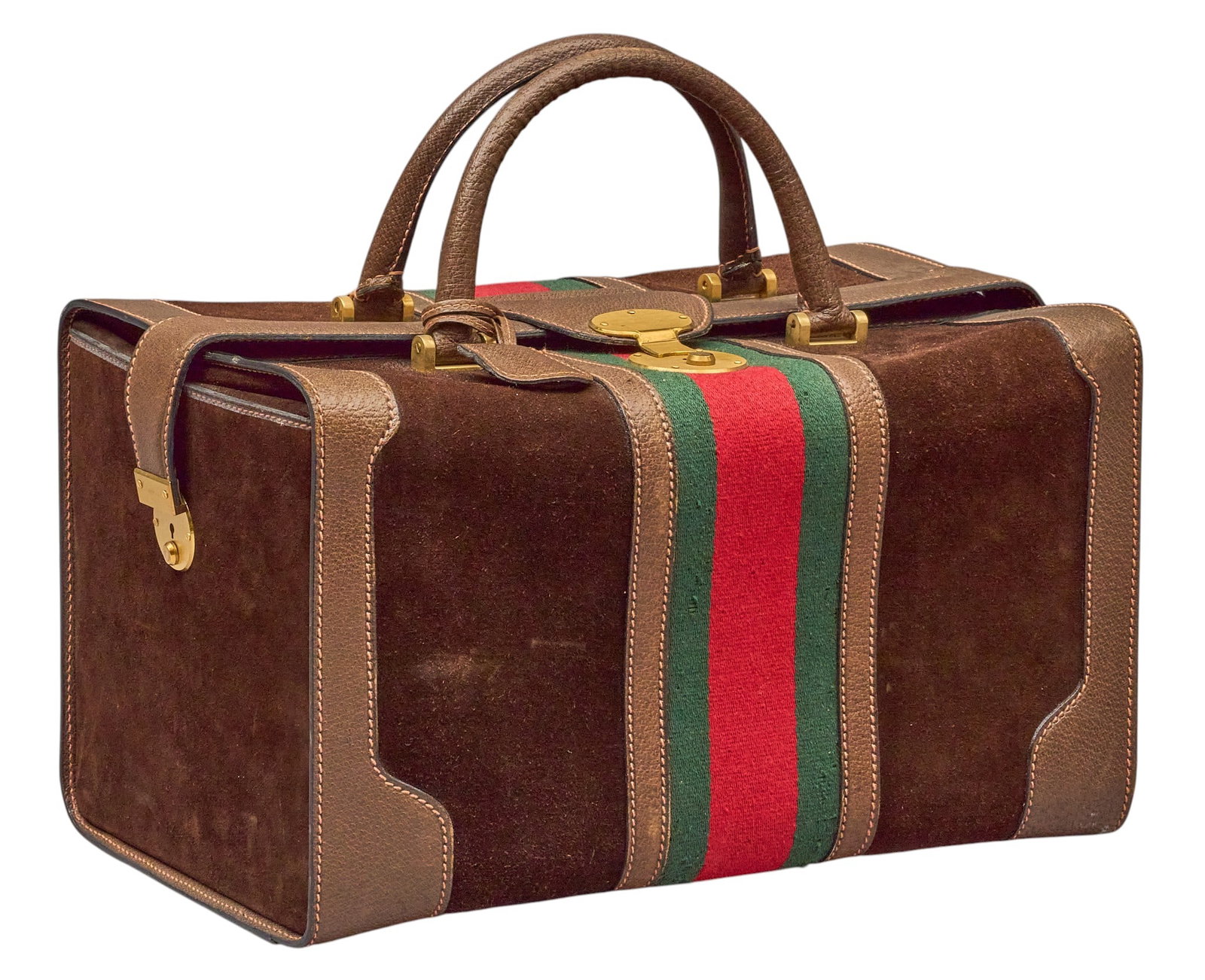 Red McCombs | Vintage Gucci Vanity Case Bag: Vintage Gucci vanity case in brown suede with brown leather handles and golden hardware, marked "Made in Italy by Gucci", circa 1970s height 9 in. x width 15 in. x depth 9 in. 