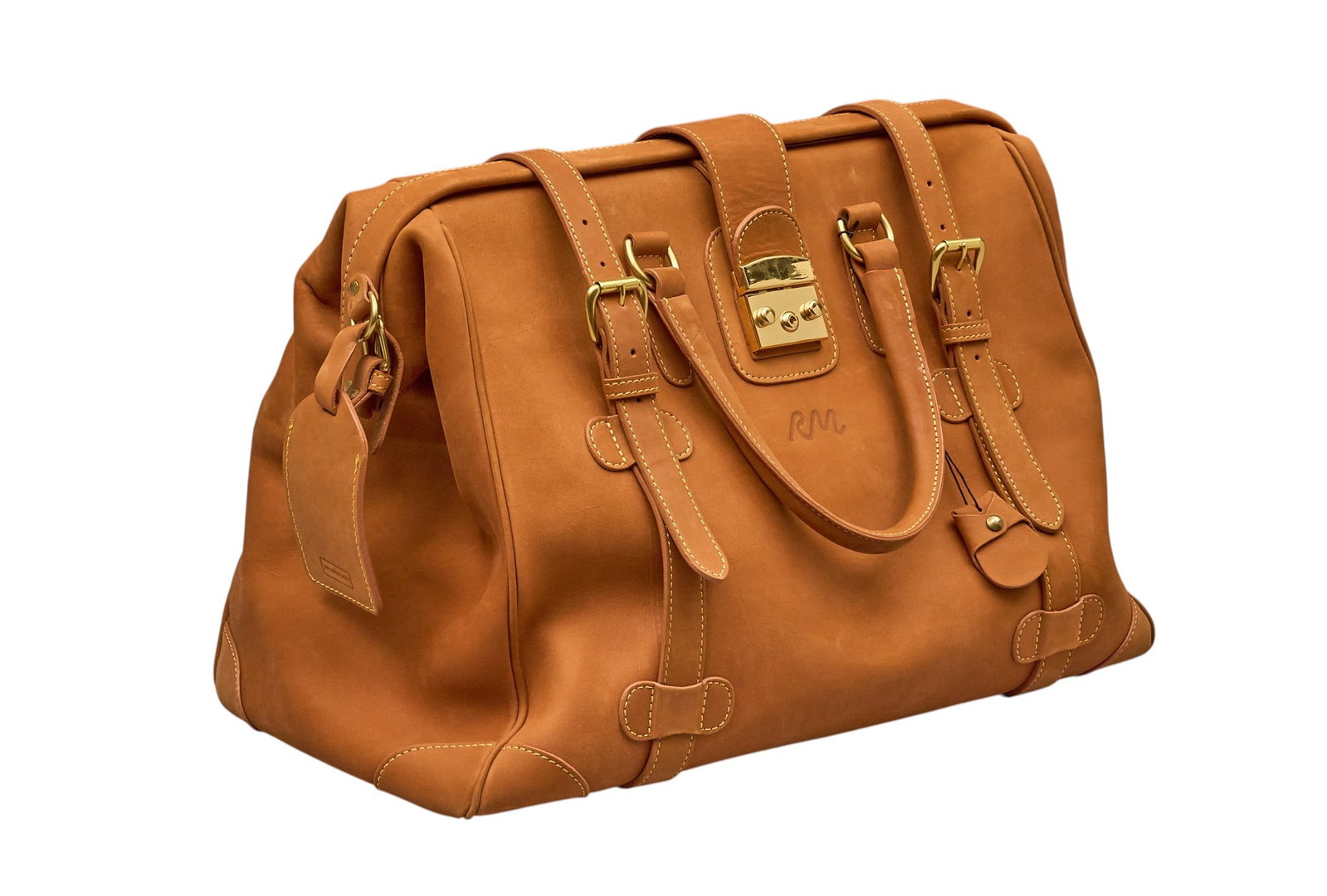 Red McCombs | Mullholland Initialed Safari Bag: Mullholland leather safari bag, with buckle accents, customized with McCombs Ranches brand height 12.5 in. x width 17 in. x depth 9 in. Condition AA; perfect condition, has barel