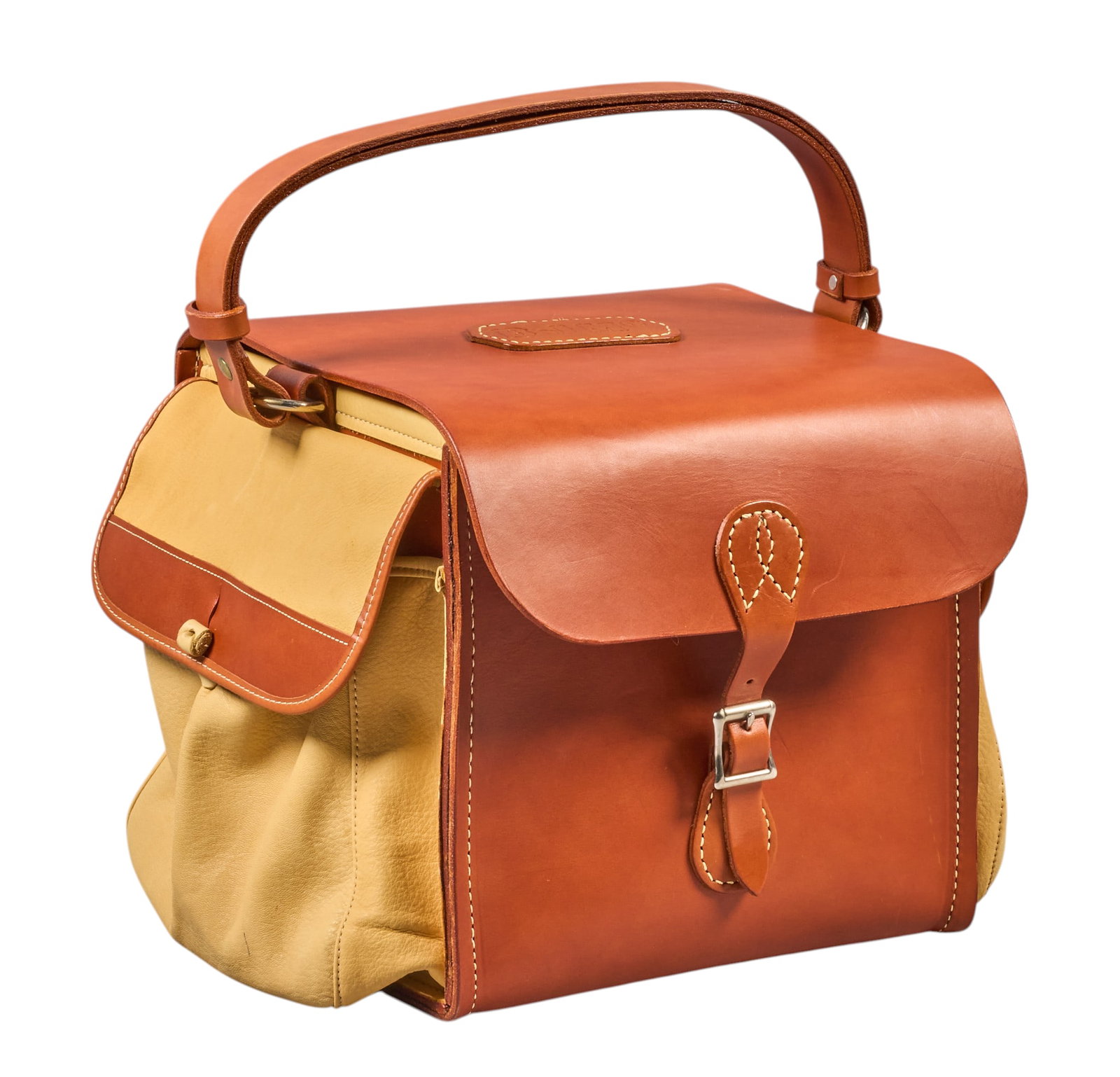 Red McCombs | Blake Jones Designs Utility Case: Blake Jones Designs Utility Case in chestnut brown leather and silver hardware, featuring "BJMc" monogram, also marked with "South Texas Saddlery" mark on back height 11 in. x widt