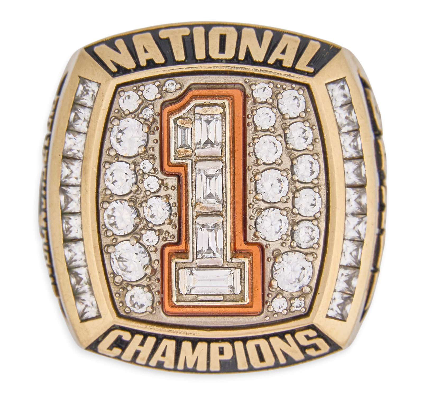 Red McCombs | Texas Longhorns 2005 National Champions Ring: 10K gold ring commemorating the University of Texas Longhorns' 2005 undefeated season and BCS National Championship, set with cubic zirconia throughout, inscribed "Red McCombs" inside th