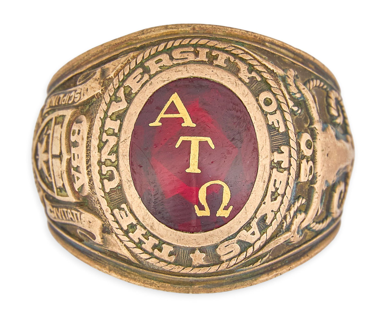 Red McCombs| 10K University of Texas Fraternity Ring: 10K gold 1950 University of Texas Alpha Tau Omega fraternity ring, inscribed "Billy J. McCombs" to interior, center stone features the ATO fraternity letters, marked "Balfour 10K&q