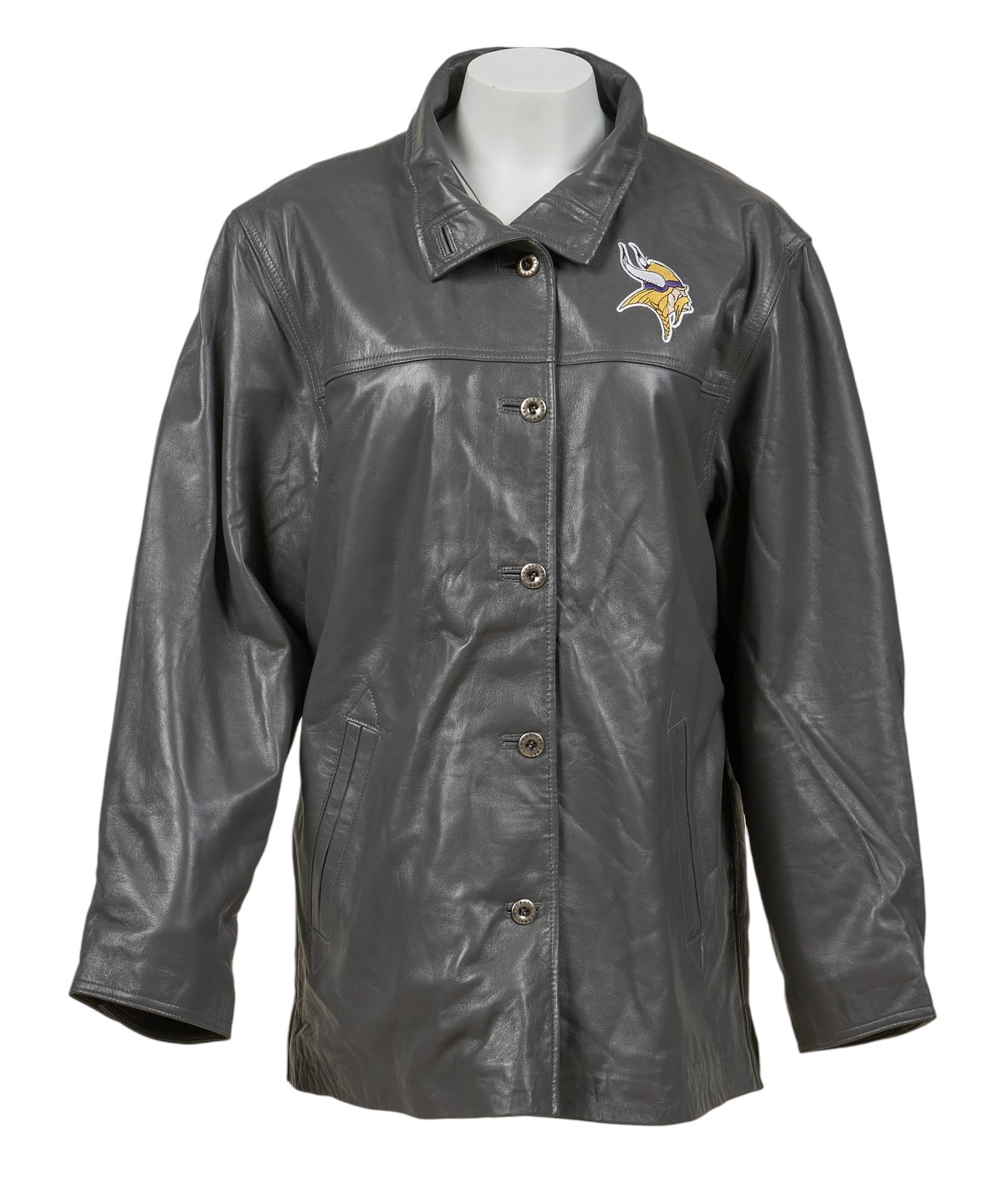 Red McCombs | Reebok NFL Leather Minnesota Vikings Jacket: Reebok Minnesota Vikings gray leather jacket with four button closure, and slit pockets, size XL length from top of collar: 33 in. shoulder width: 22 in. sleeve length: 25 in. Condition AA