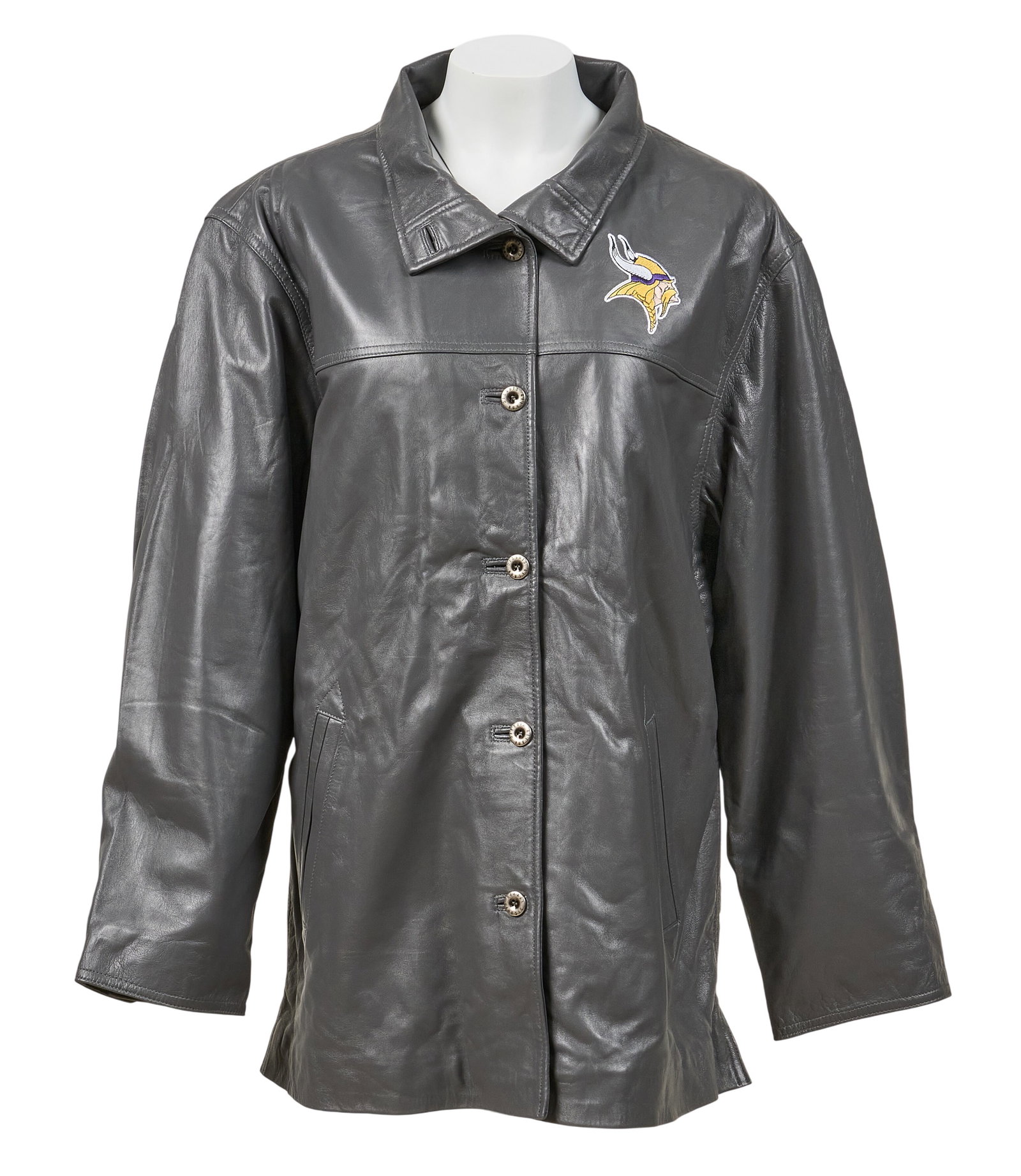 Red McCombs | Reebok Leather Minnesota Vikings Jacket: Reebok Minnesota Vikings gray leather jacket with four button closure, and slit pockets, size XL length from top of collar: 33 in. shoulder width: 22 in. sleeve length: 25 in. Condition AA